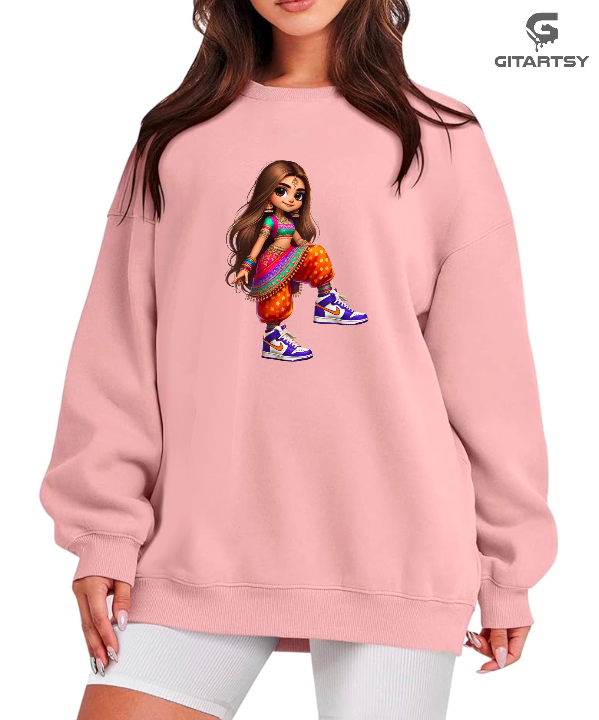 Desi Girl Sneakerhead Printed Sweatshirt – Indian Fashion in Sari & Sneakers - orange cartoon style girl