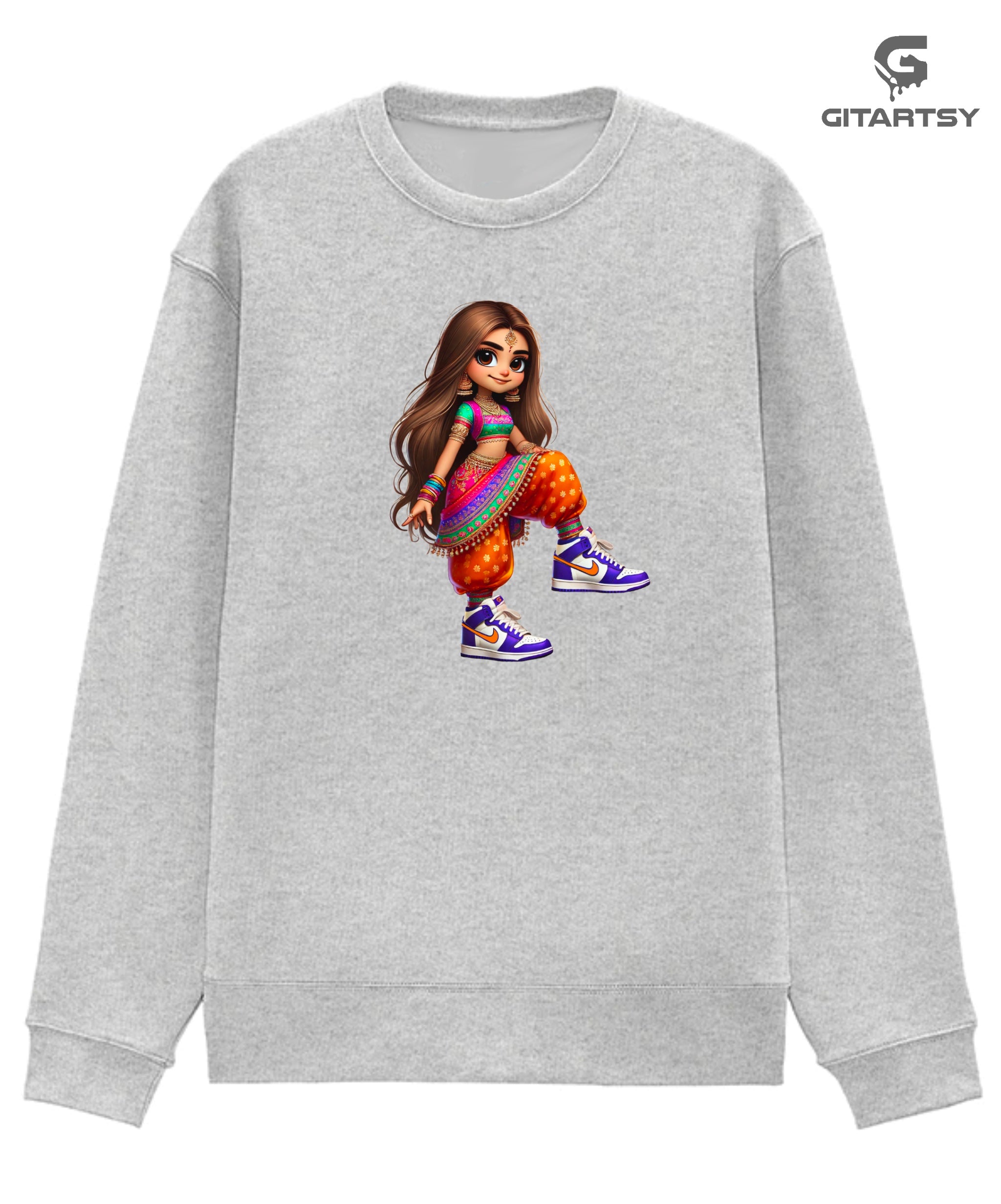 Desi Girl Sneakerhead Printed Sweatshirt – Indian Fashion in Sari & Sneakers - orange cartoon style girl