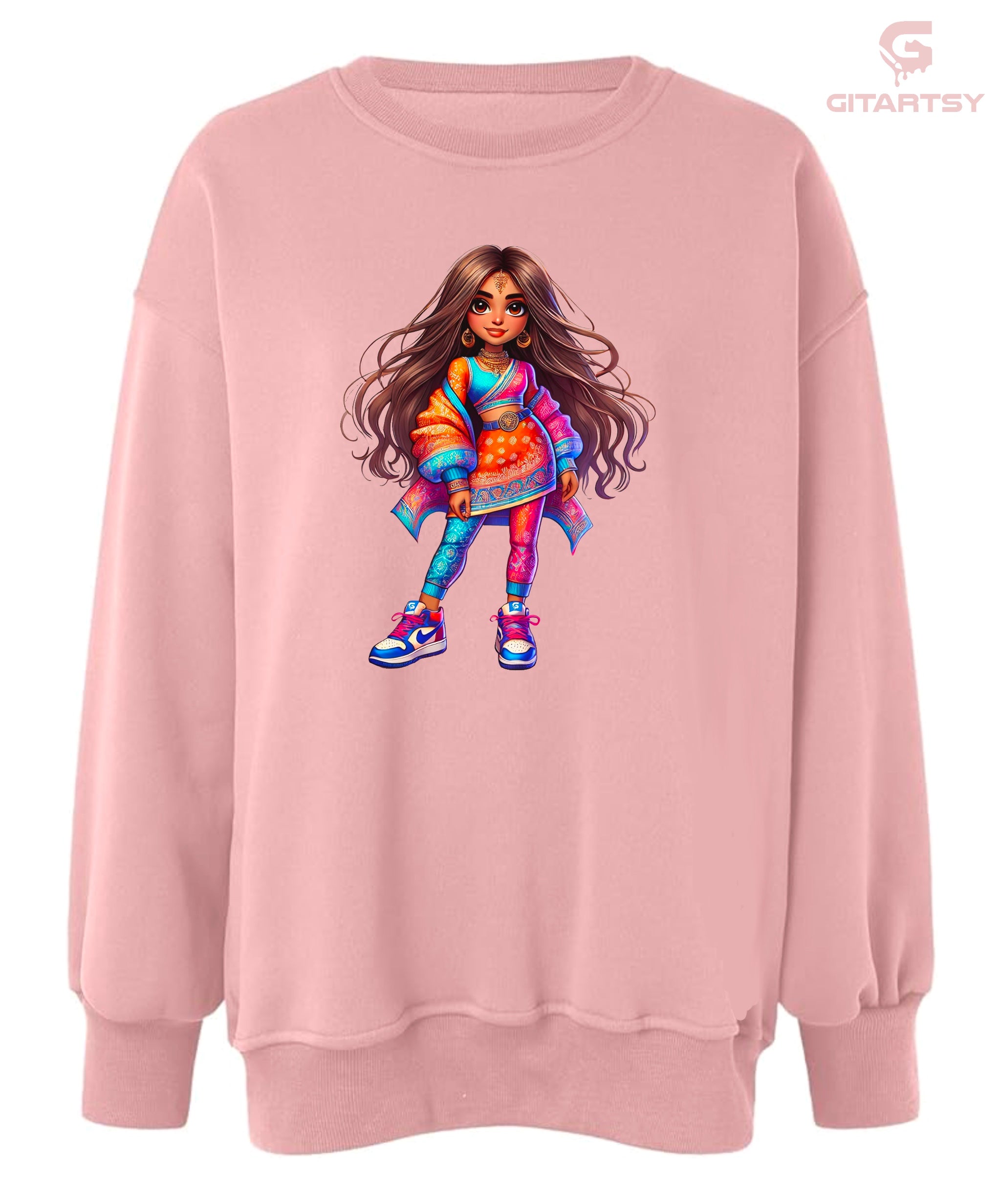 Desi Indian Girl Sneakerhead Printed Sweatshirt – Indian cartoon Fashion in colourful indo-western clothes & Sneakers - cartoon style girl figure