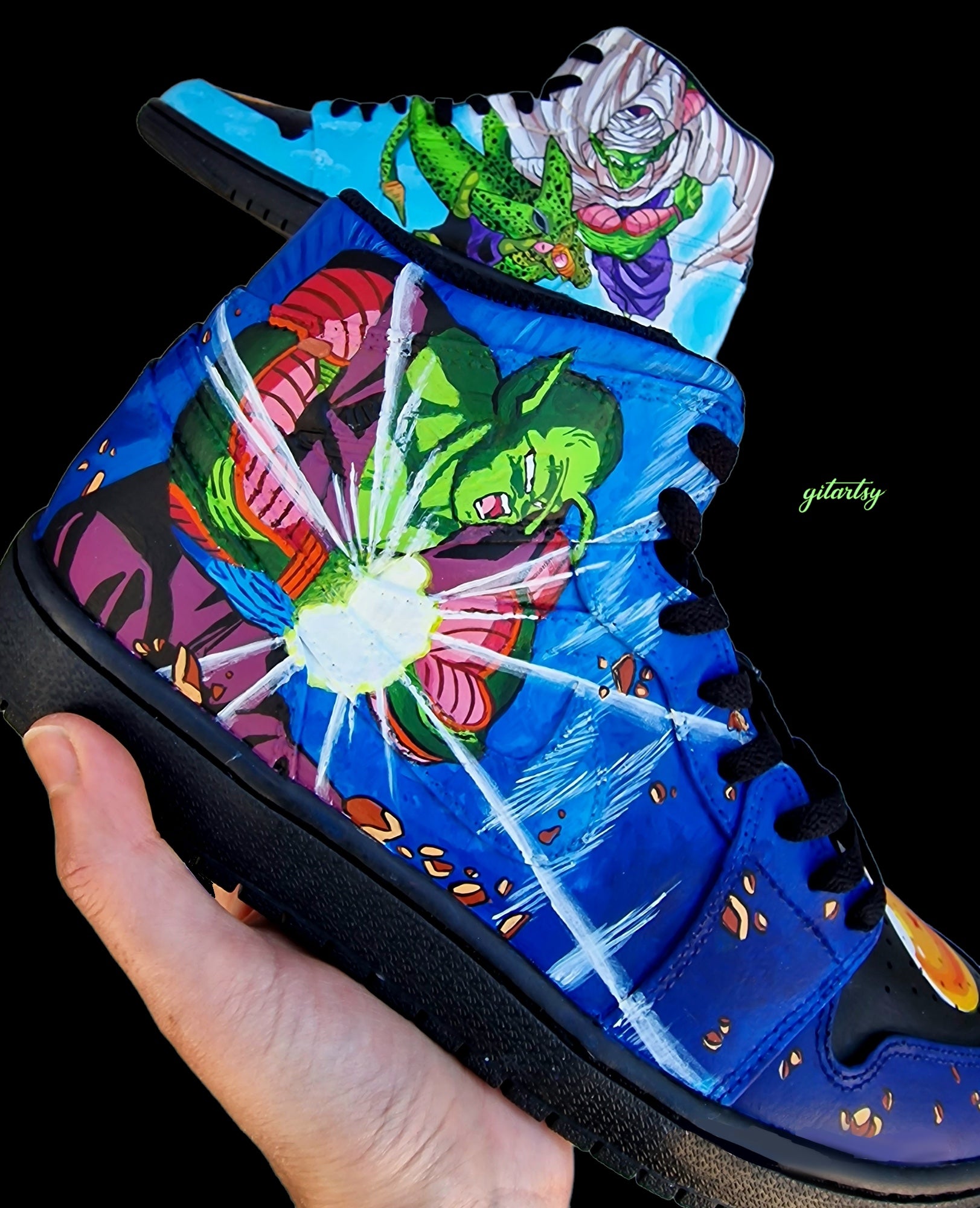 Detailed Cell portrait on custom black Nike AF1 anime sneakers