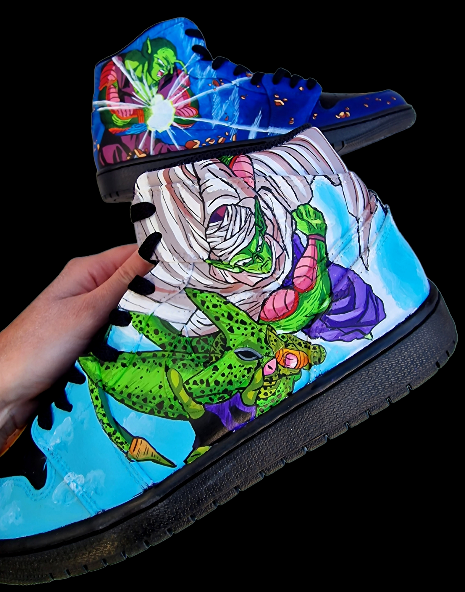 Black Nike sneakers with bold anime art of Cell from Dragon Ball Z