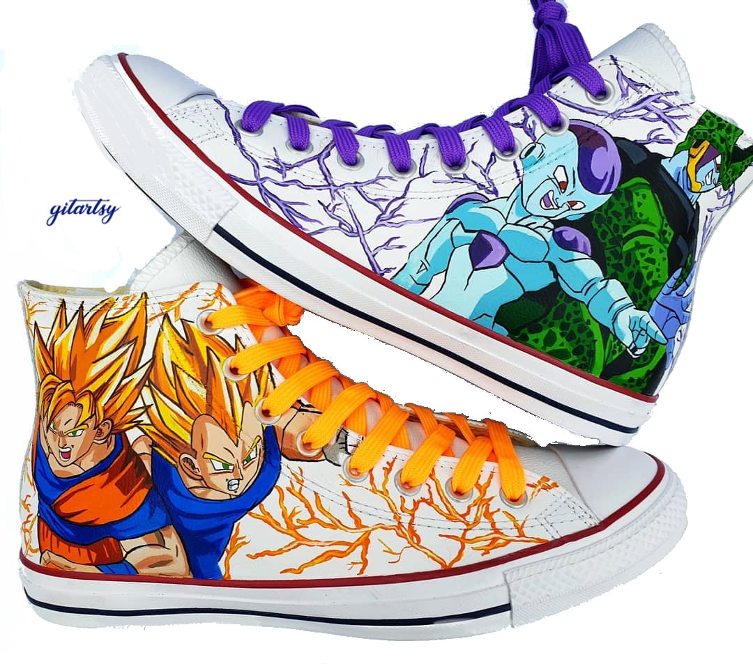 Goku, Cell, and Frieza on hand-painted anime Converse sneakers