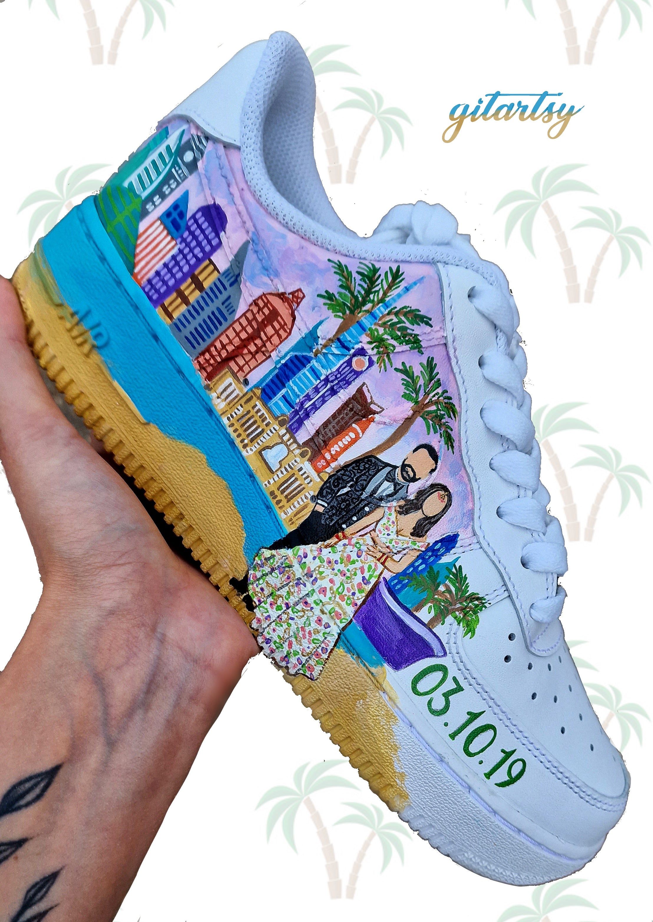 Custom hand-painted Nike AF1 sneakers with Indian bride illustration and couple proposal scene in front of Burj Khalifa, Dubai