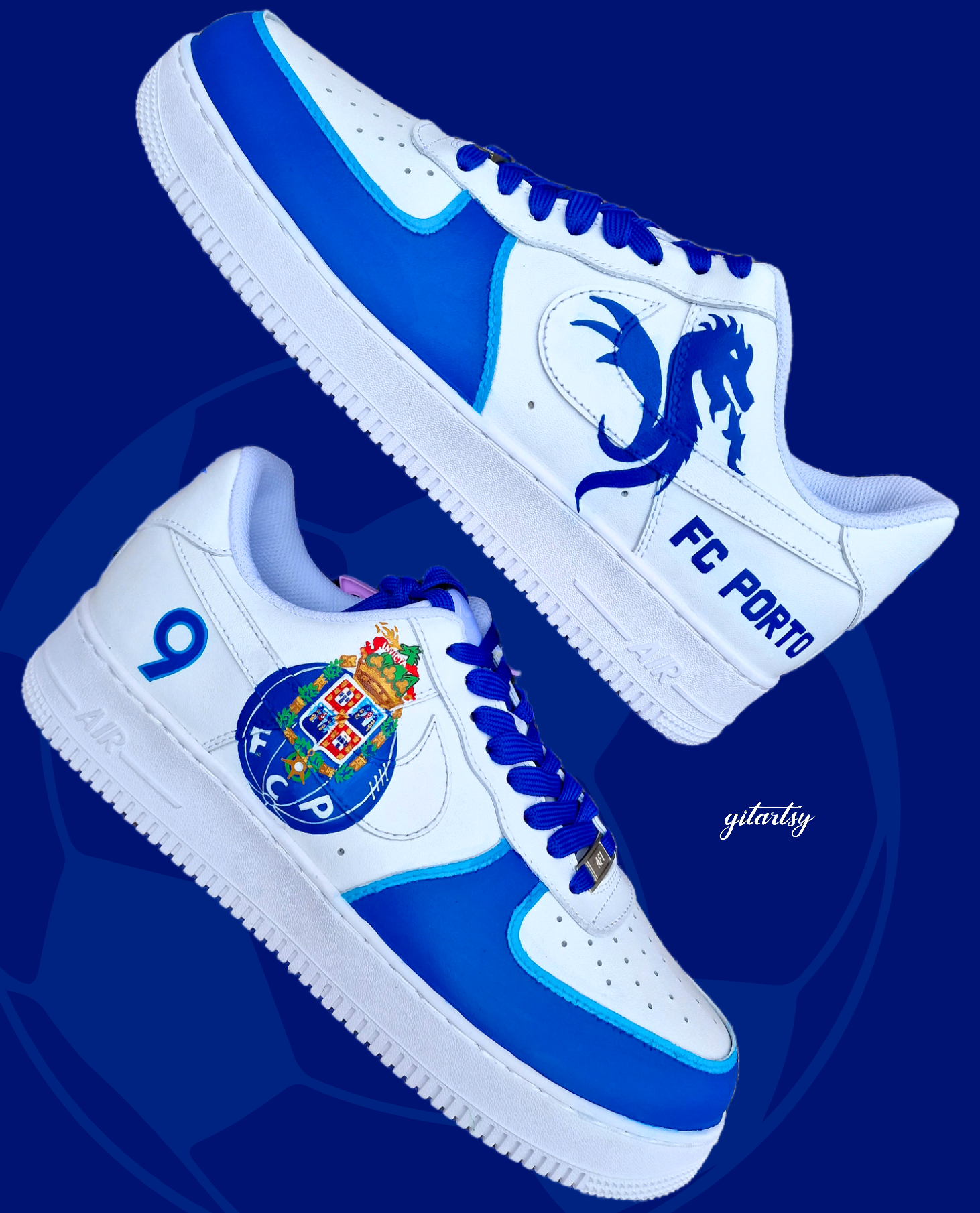 Custom FC Porto Nike Air Force 1 sneakers designed for football fans, featuring hand-painted artwork with the official club crest, blue and white color scheme, dragon mascot, and player number detailing. These one-of-a-kind shoes are crafted using authentic Nike AF1s and painted with weather-resistant leather paints. Perfect for sports lovers and collectors, combining comfort with team spirit.