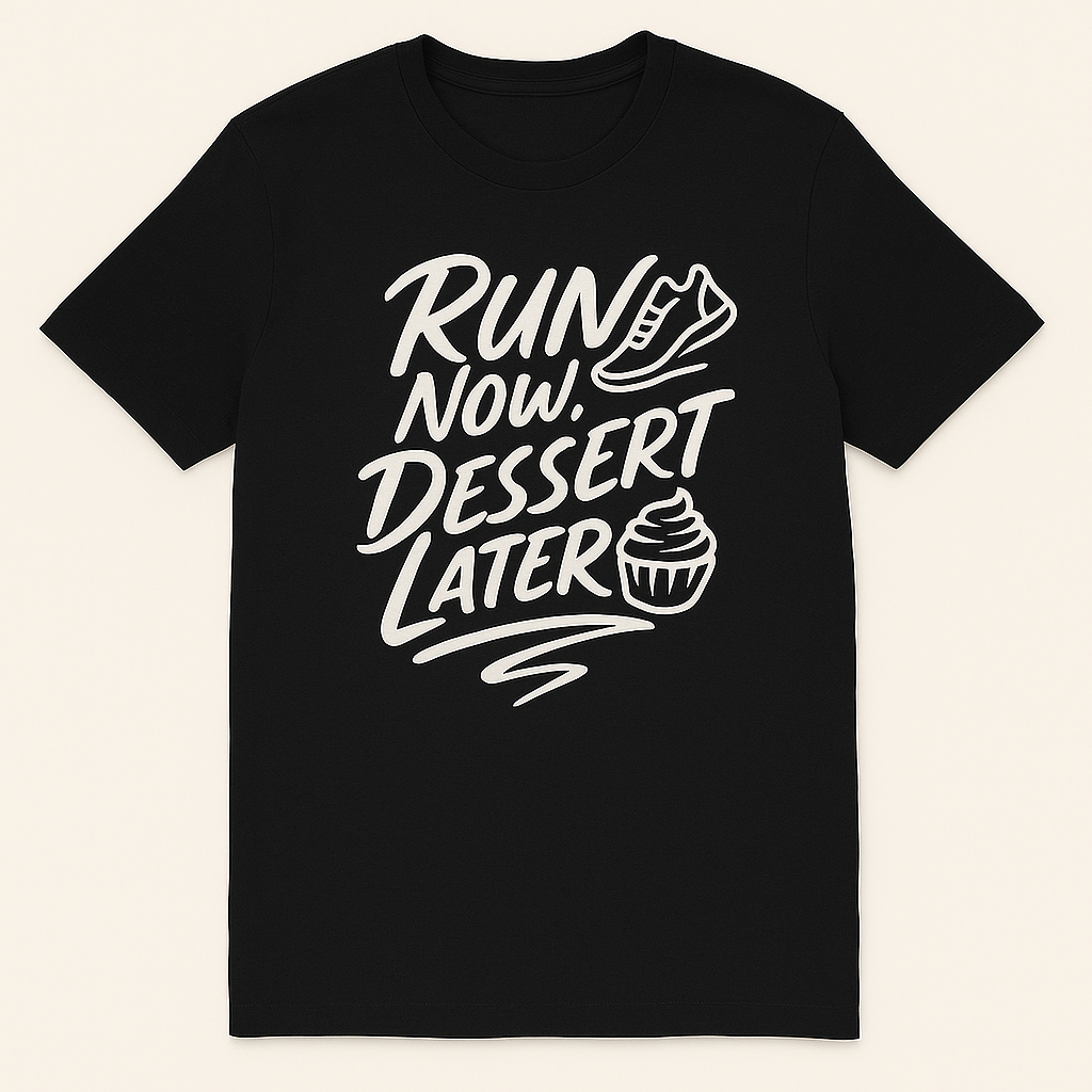 Funny Running T-Shirt – “Run Now, Dessert Later” available in 7 colours. Modern font, made for runners who love dessert!