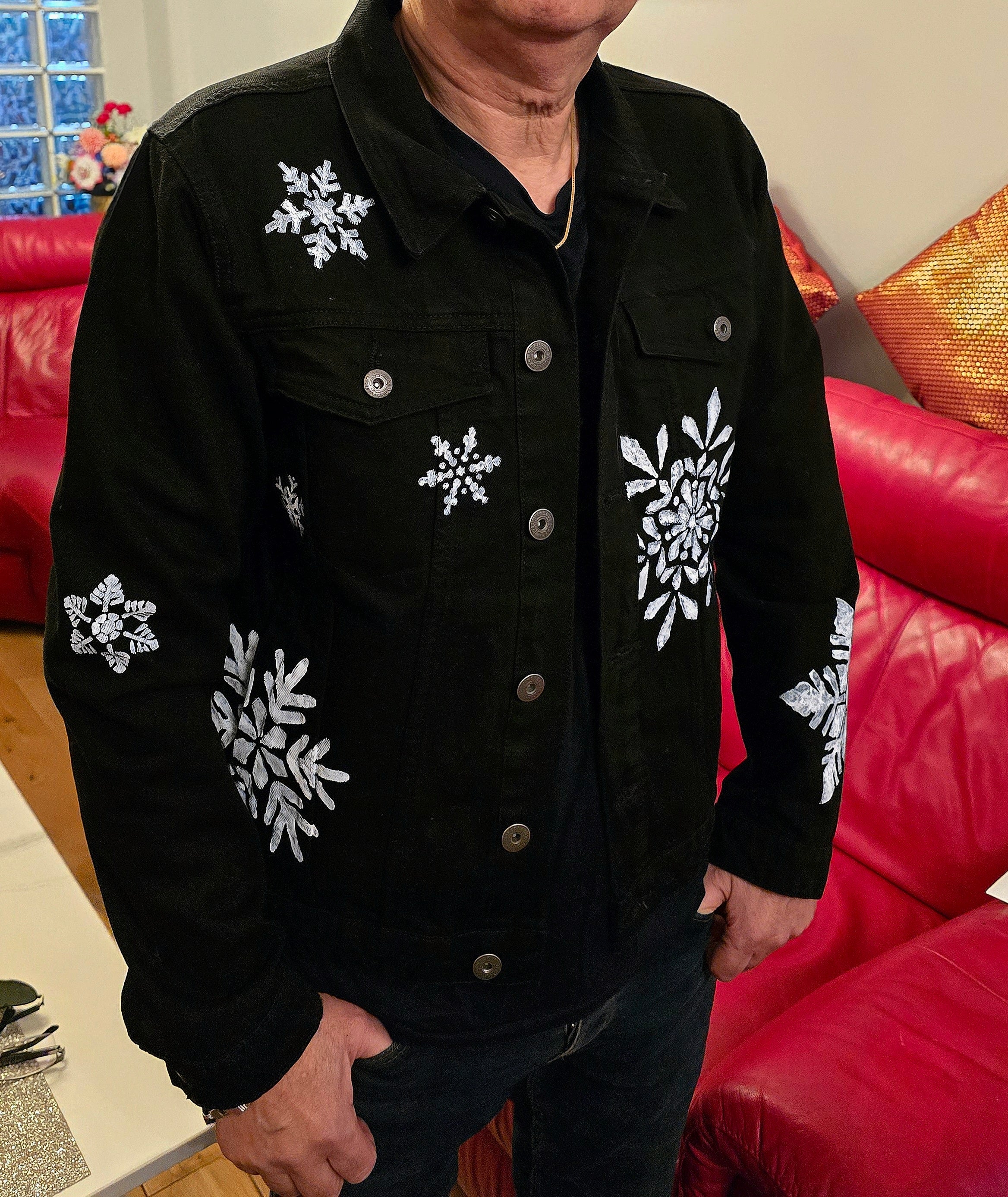 Hand-Painted Black Christmas Snowflake Denim Jacket - Unique Winter Christmas Clothing - Festive Handmade Gift