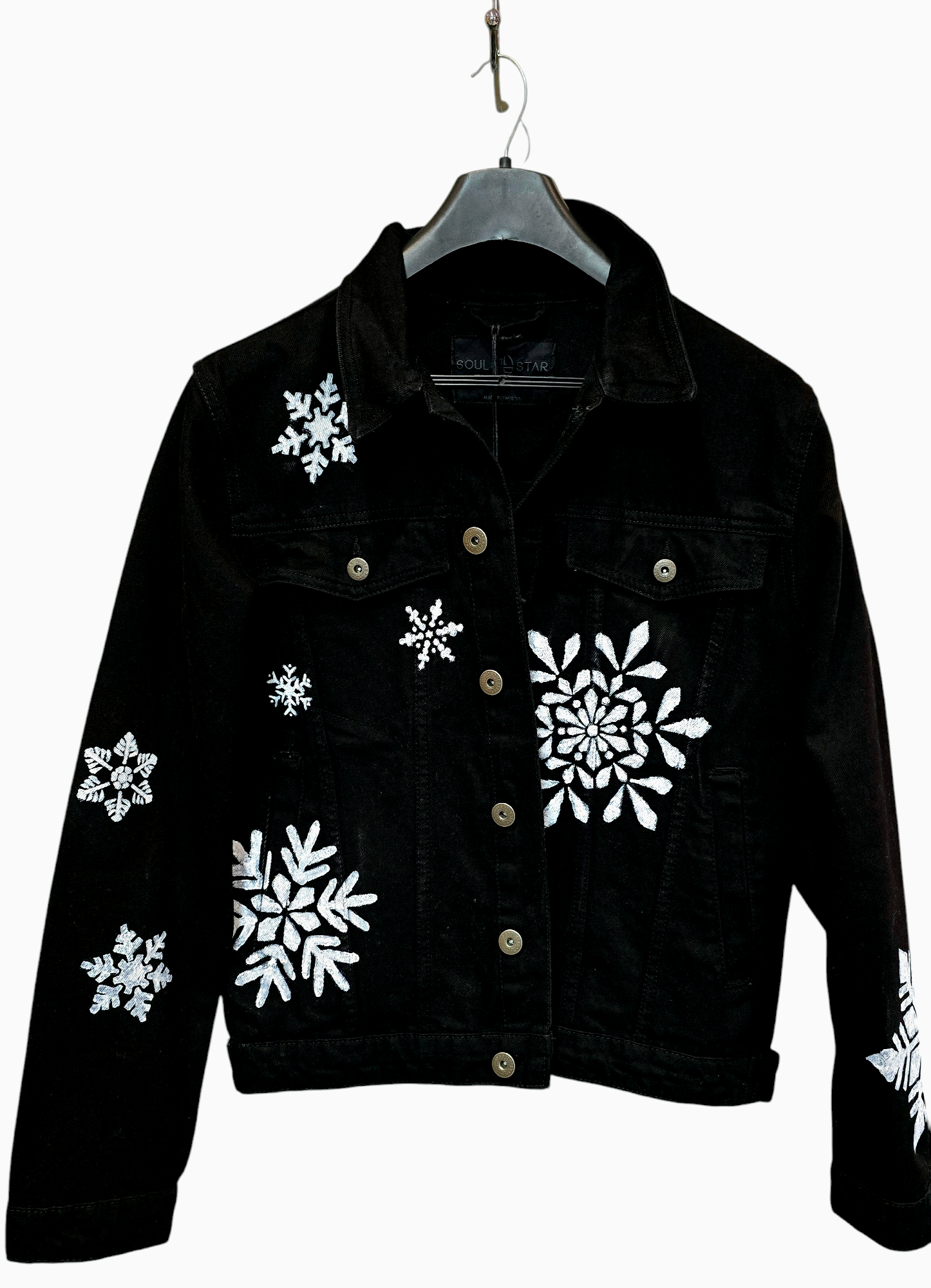 Hand-Painted Black Christmas Snowflake Denim Jacket - Unique Winter Christmas Clothing - Festive Handmade Gift