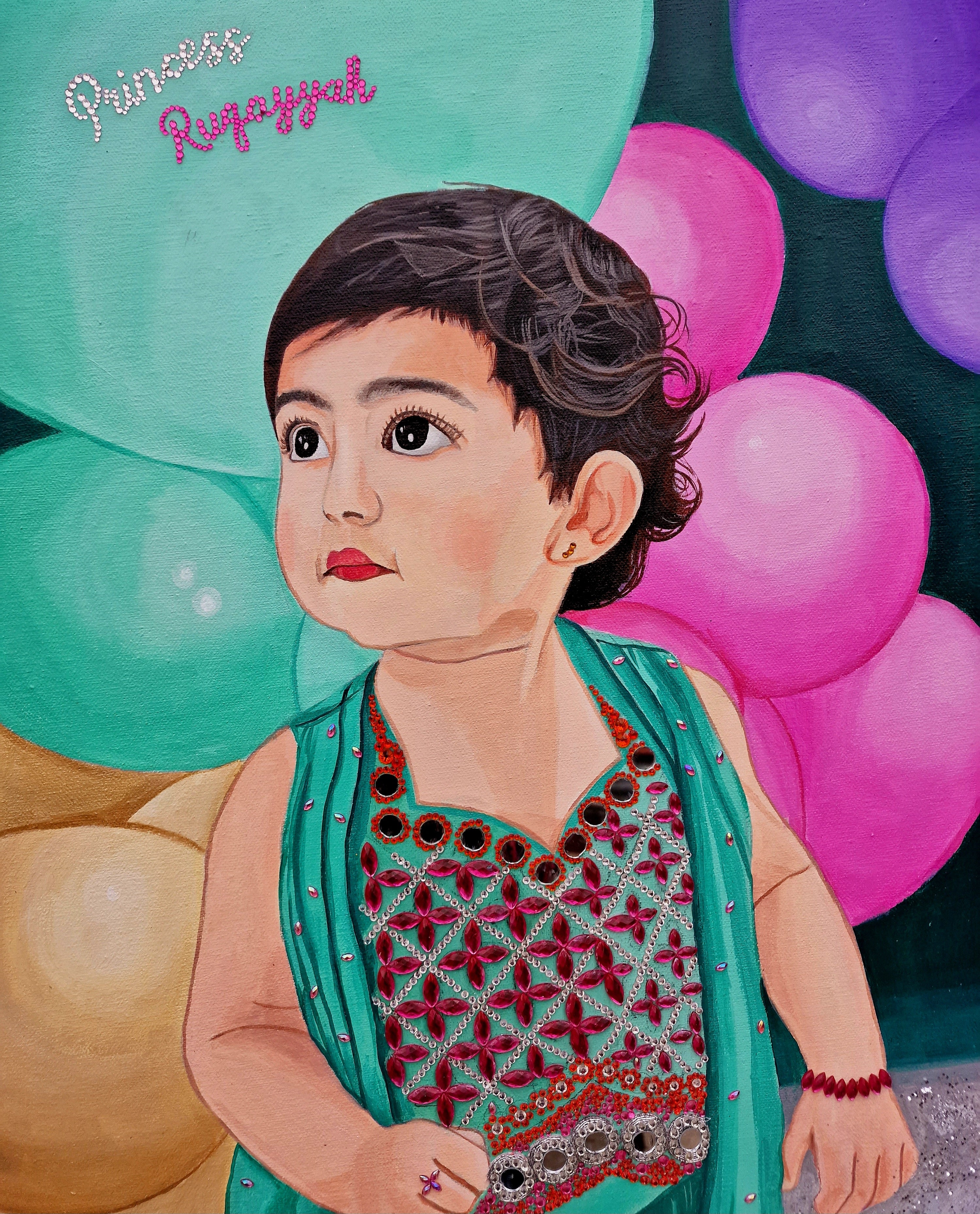 A large custom canvas portrait of a single person, hand-painted in a realistic art style with intricate details. The artwork features vibrant colors, expressive features, and is adorned with hand-applied sparkling crystals. Ideal for celebrations, home decor, or gifts, this canvas combines traditional art with glamorous embellishments. Painted on high-quality artist-grade canvas with a personalized background and outfit, creating a unique, shimmering visual centerpiece.