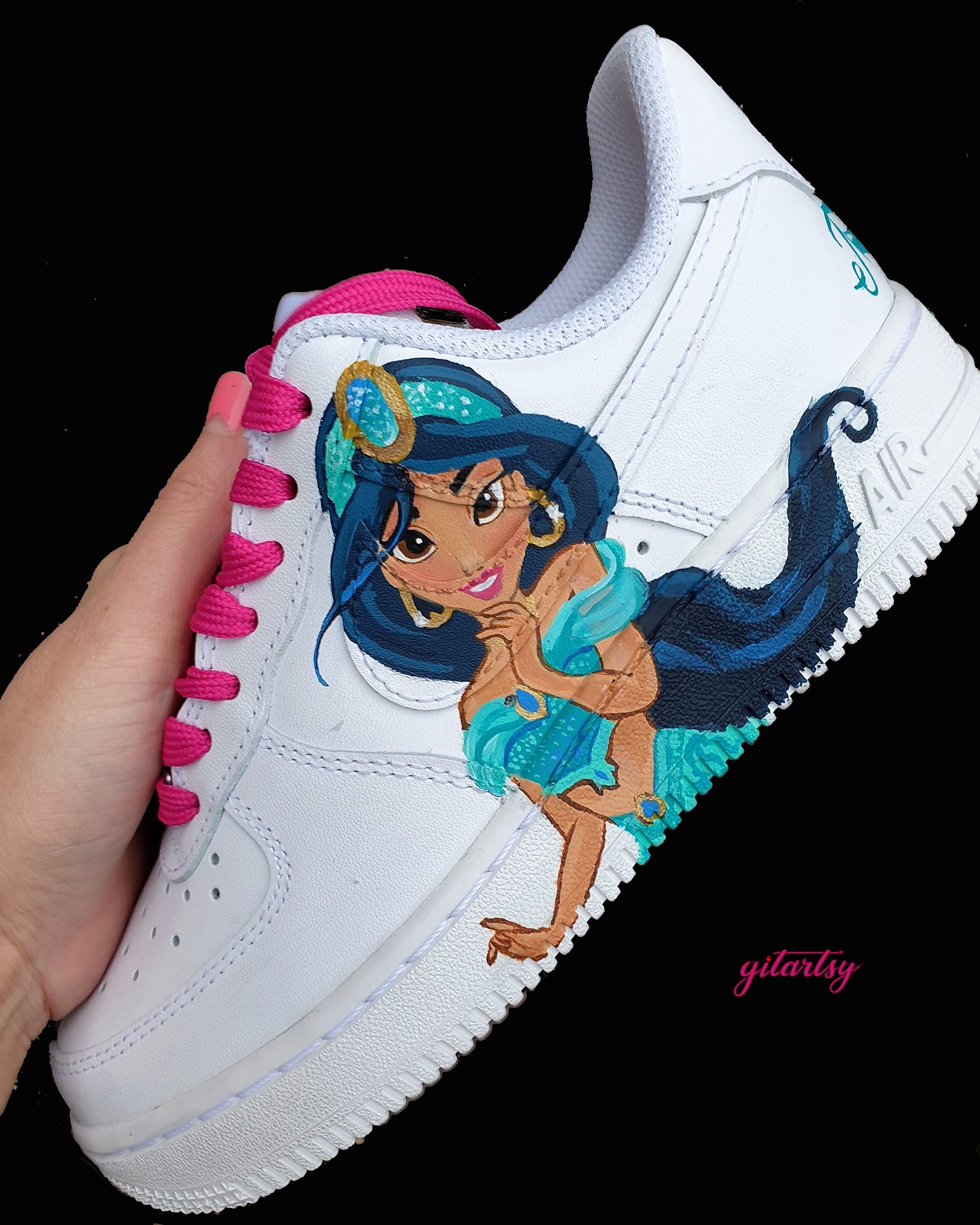 Custom hand-painted Nike AF1 kids sneakers featuring detailed Disney princess portraits of Jasmine and Belle on a white leather base with pink laces. Unique wearable art with vibrant colors, sealed for protection, perfect for kids who love Disney fairytales.