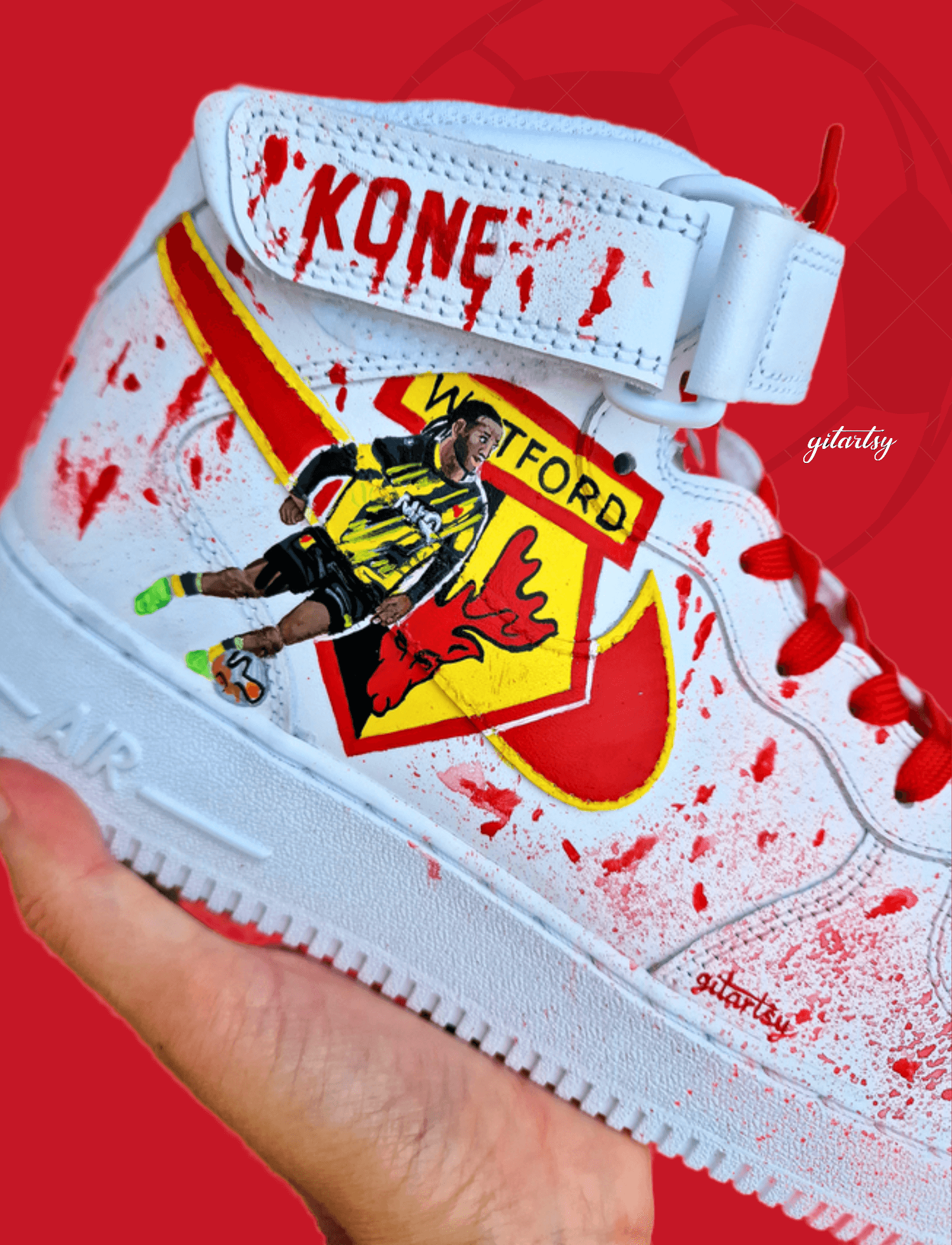 Hand-painted Nike sneakers featuring Watford FC player Ismaël Koné