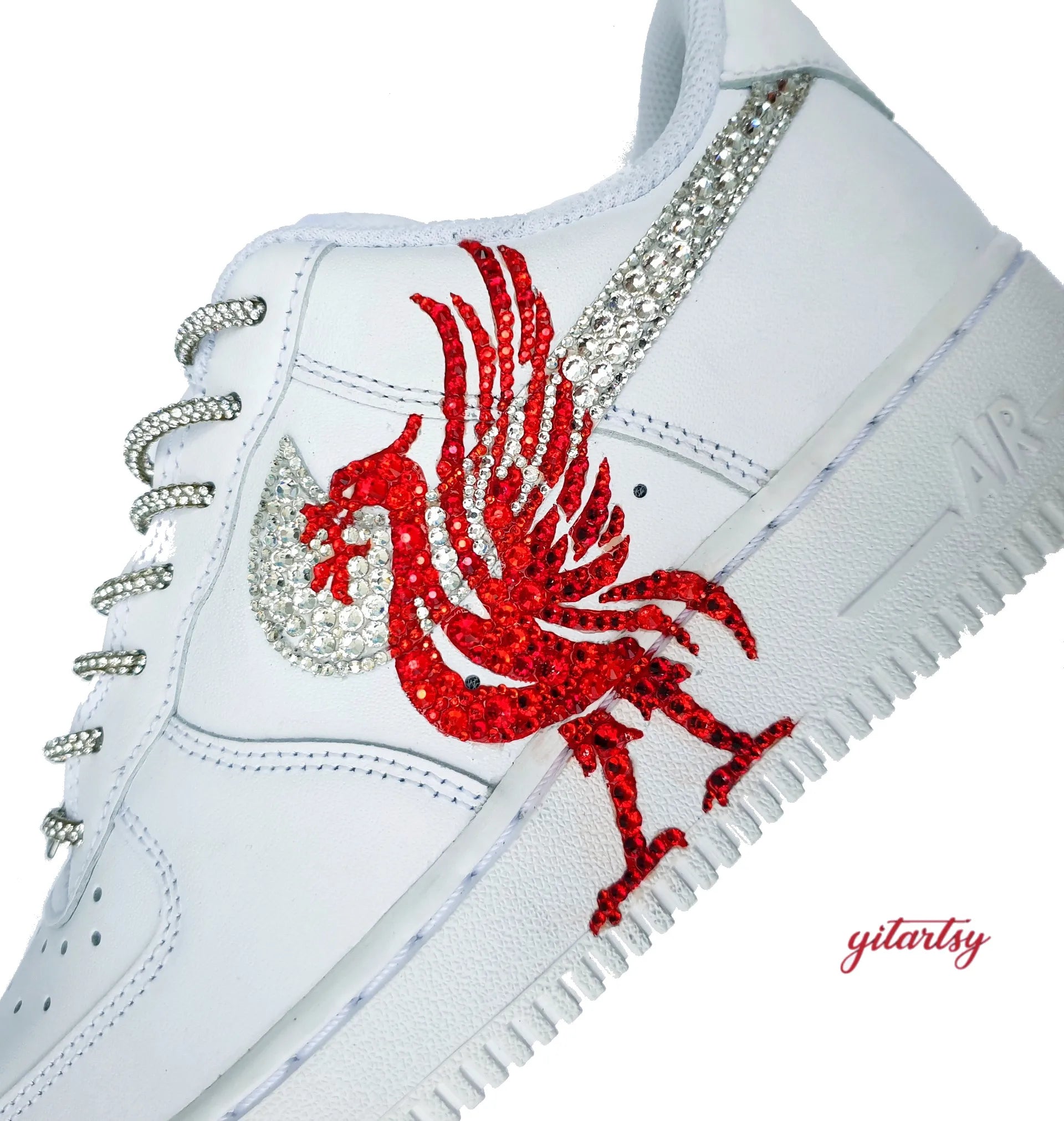 Hand Painted Crystal Liverpool FC Nike AF1 sneakers - made with rhinestones on Liverbird and YNWA letters