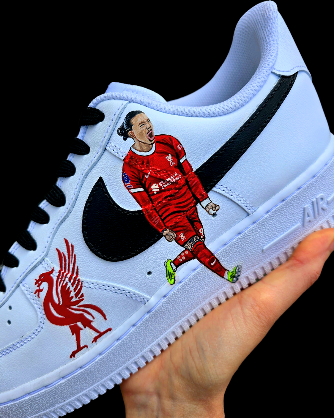 Hand painted custom Nike AF1 sneakers 
with a realistic portrait of footballer Darwin Núñez and liverbird