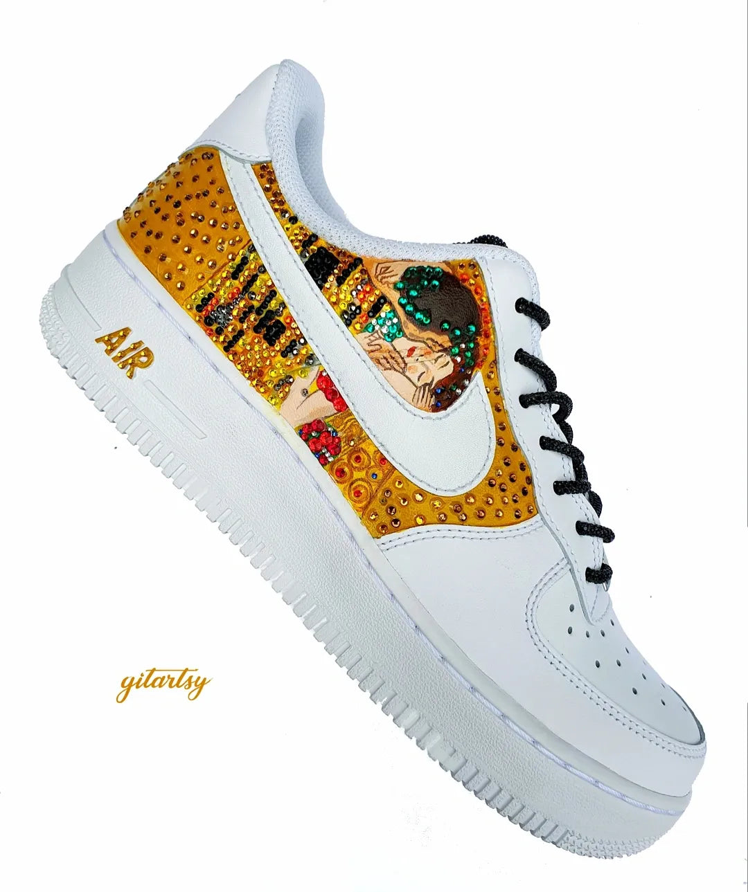 Van Gogh and Gustav Klimt's paintings: The Starry Night and The Kiss hand crafted on Nike Air Force 1 sneakers, topped with crystals - shoes in hand