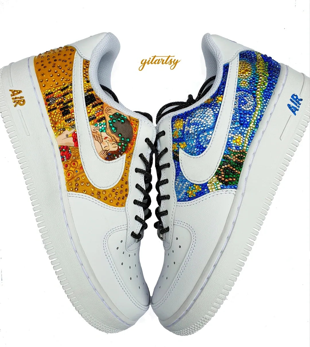 Van Gogh and Gustav Klimt's paintings: The Starry Night and The Kiss hand crafted on Nike Air Force 1 sneakers, topped with crystals - shoes in hand