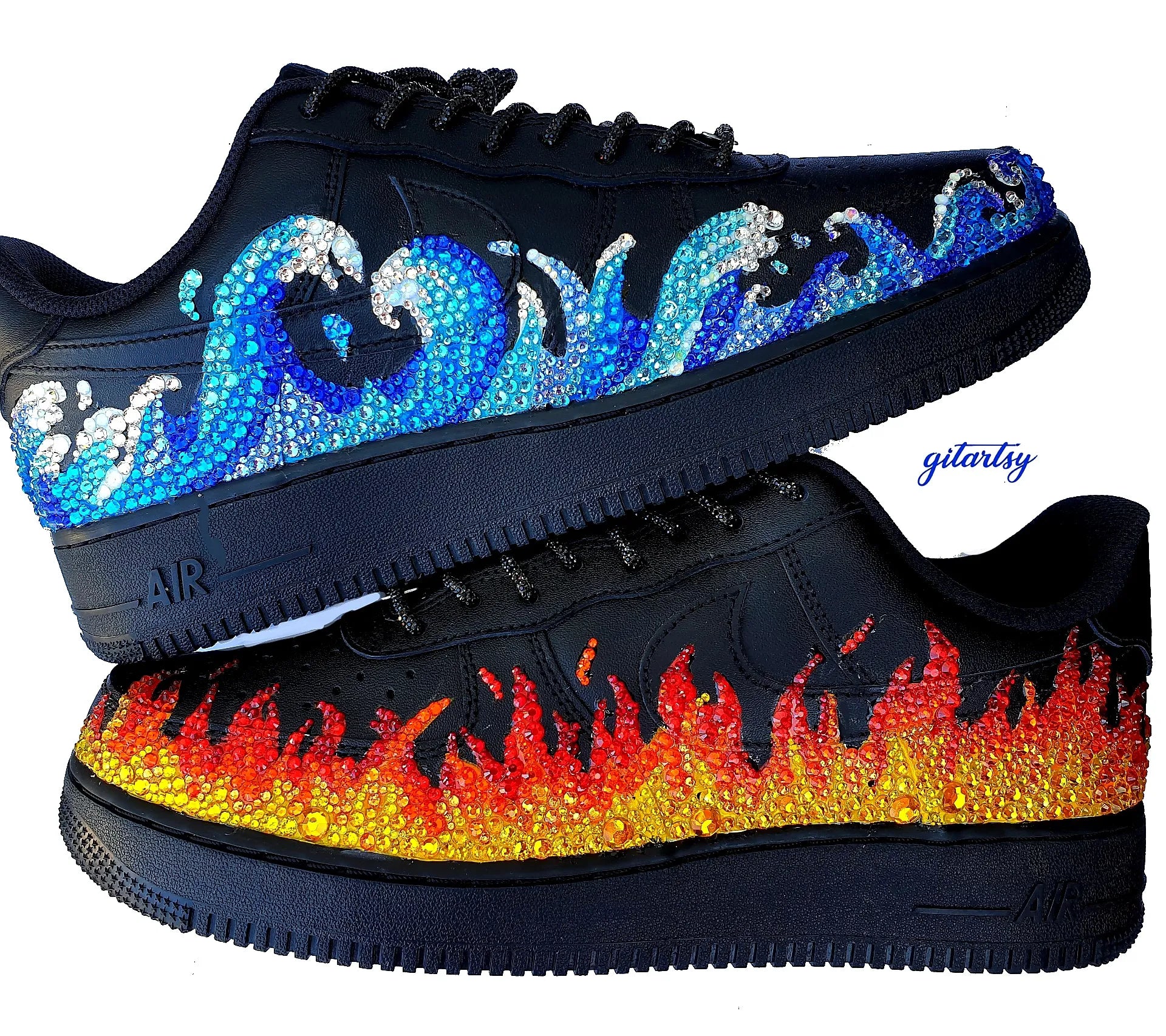 Black Nike Air Force 1 sneakers hand made with crystals and rhinestones - water waves and fire flames design - blue, red and yellow