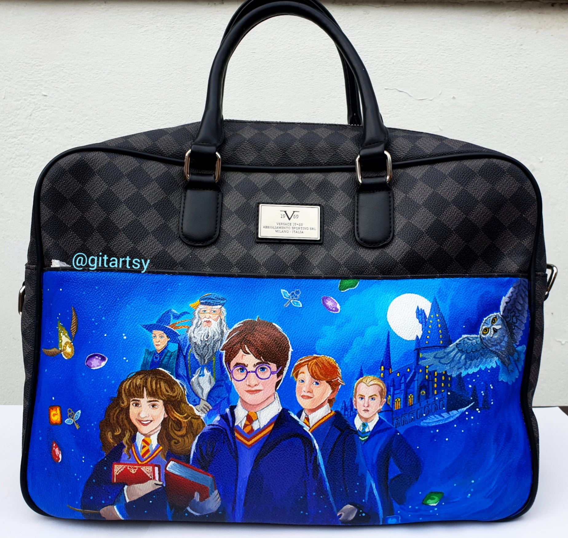 Harry Potter character artwork on a personalised hand-painted bag
