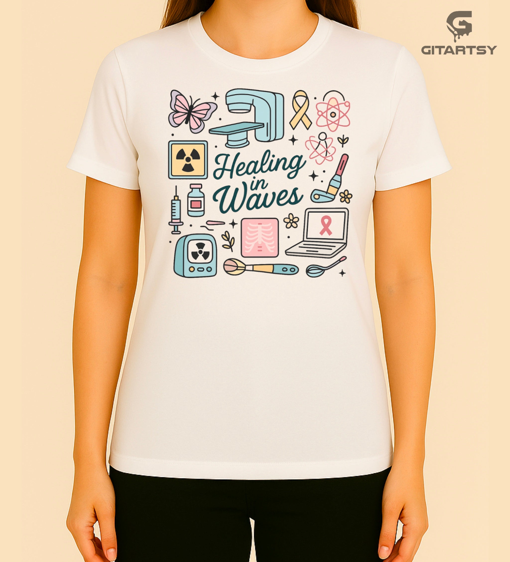 Radiotherapist pastel T-shirt with radiation icons, X-ray machine, and "Healing in Waves" text.