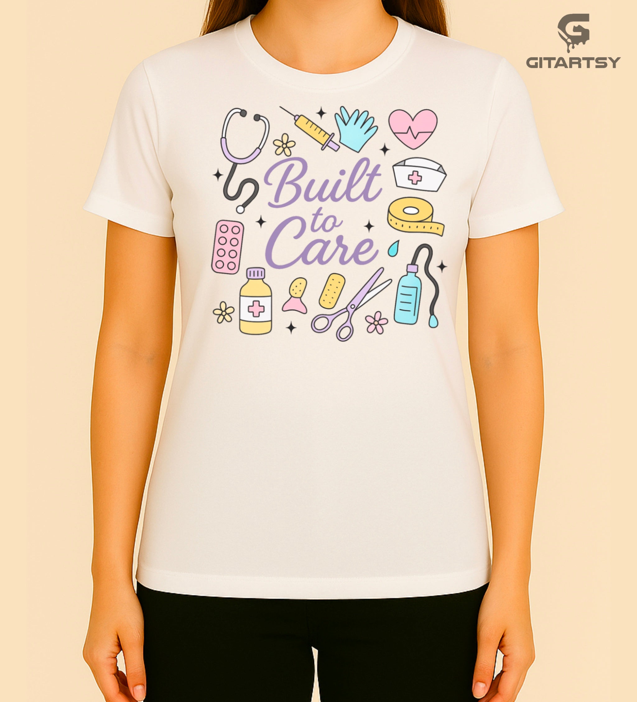 T-shirts reading “Here to Heal” and “Built to Care” featuring pastel illustrations of stethoscopes, syringes, gloves, pills, and medical equipment – ideal for nurses, doctors, and healthcare professionals.