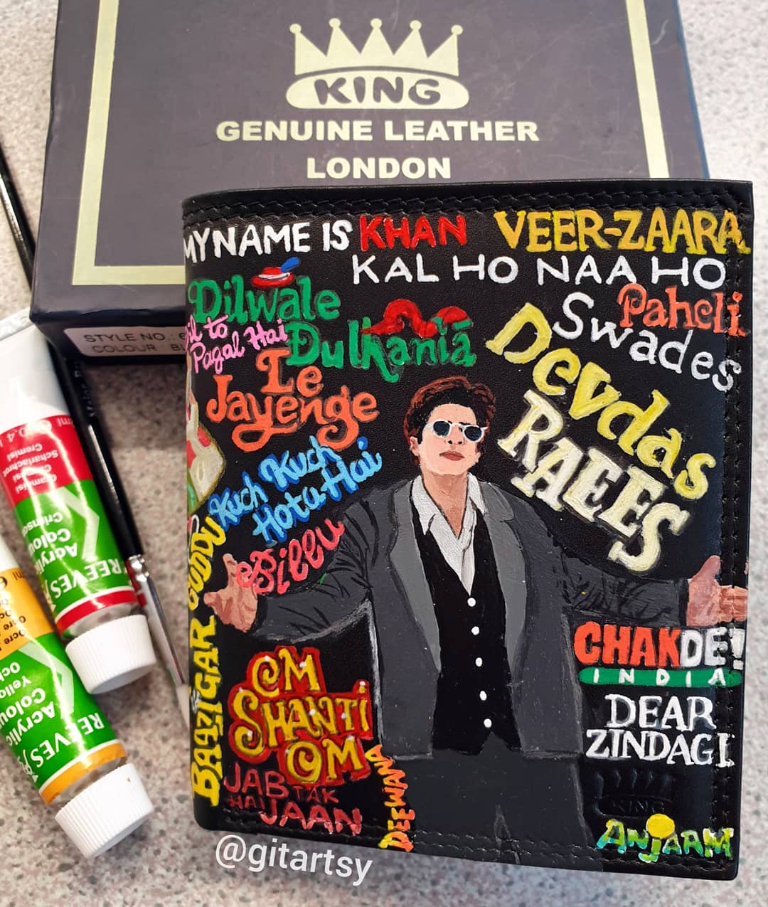 Custom hand-painted leather wallet featuring Shah Rukh Khan movie tribute