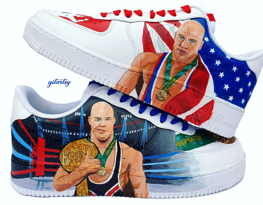 Wrestler KURT ANGLE Hand-Painted Nike AF1 Sneakers – Realistic Portrait with Championship Belts & Crystals – Made for the Legend Himself