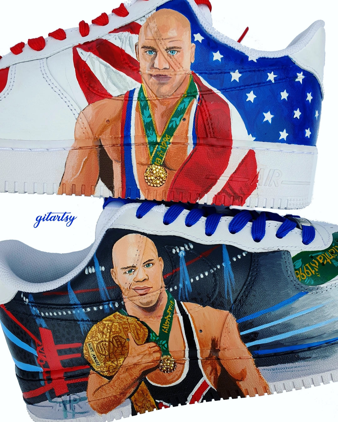 Wrestler KURT ANGLE Hand-Painted Nike AF1 Sneakers – Realistic Portrait with Championship Belts & Crystals – Made for the Legend Himself