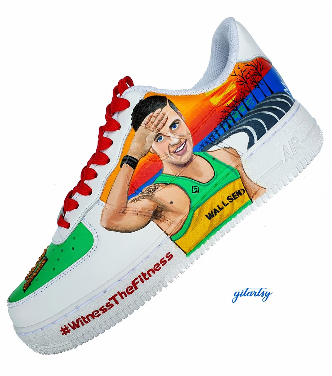 Hand-painted Nike AF1 featuring Superman running art for runners