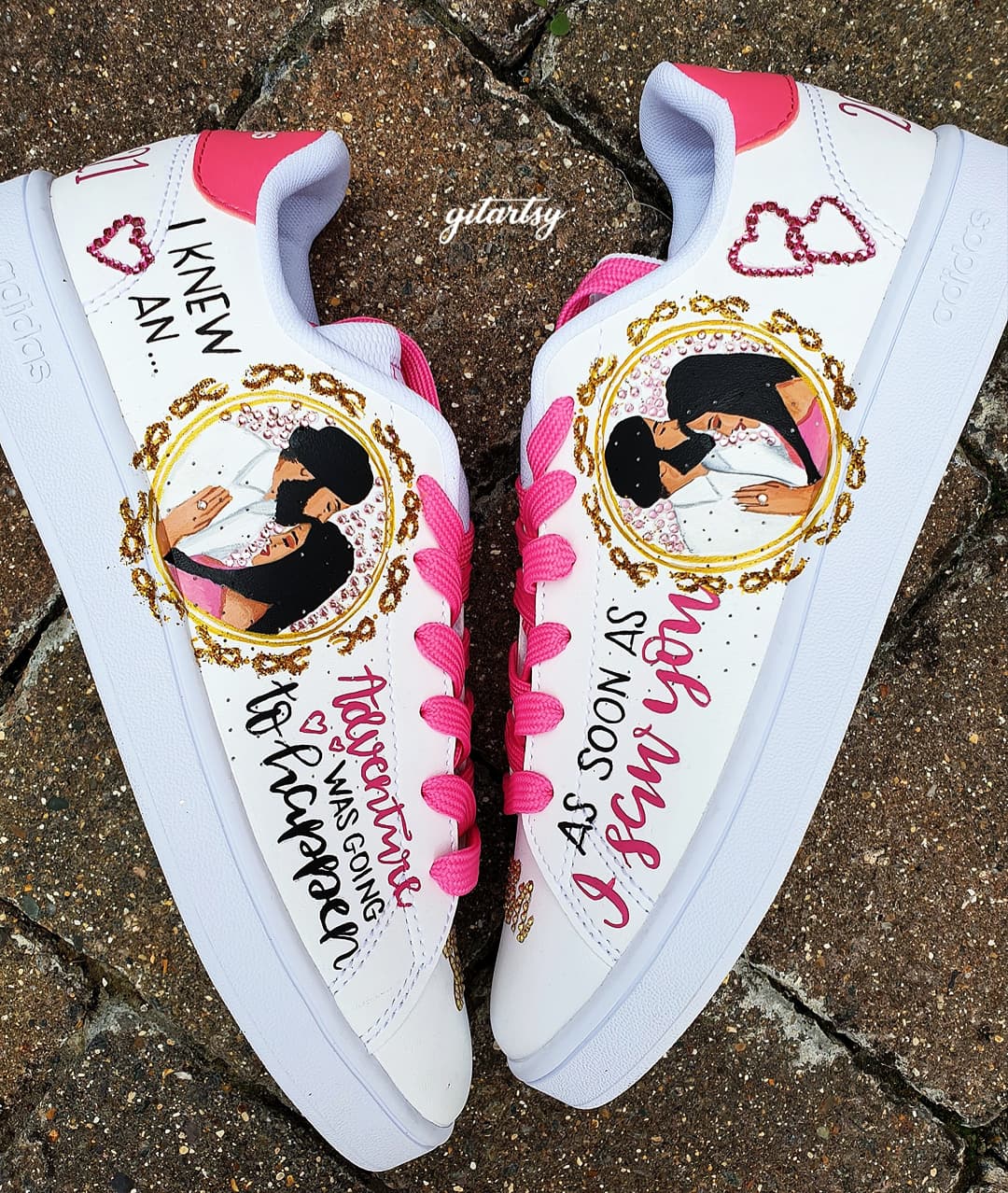 Custom Adidas bridal sneakers featuring Sikh couple wedding logo and love quotes