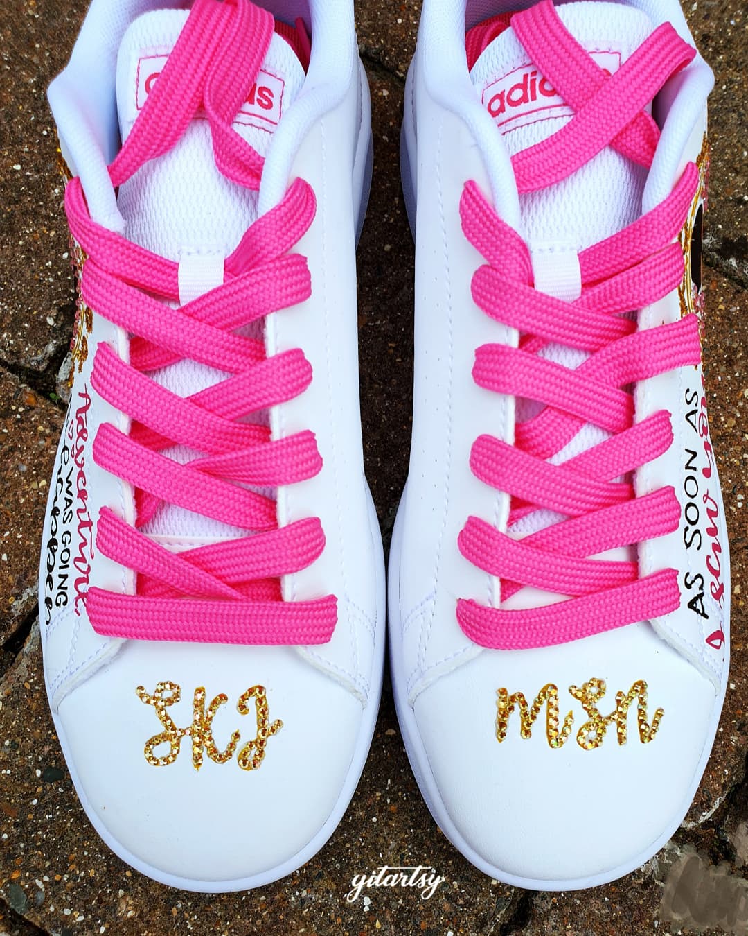 Hand-painted sneakers with Sikh wedding logo and romantic quote details