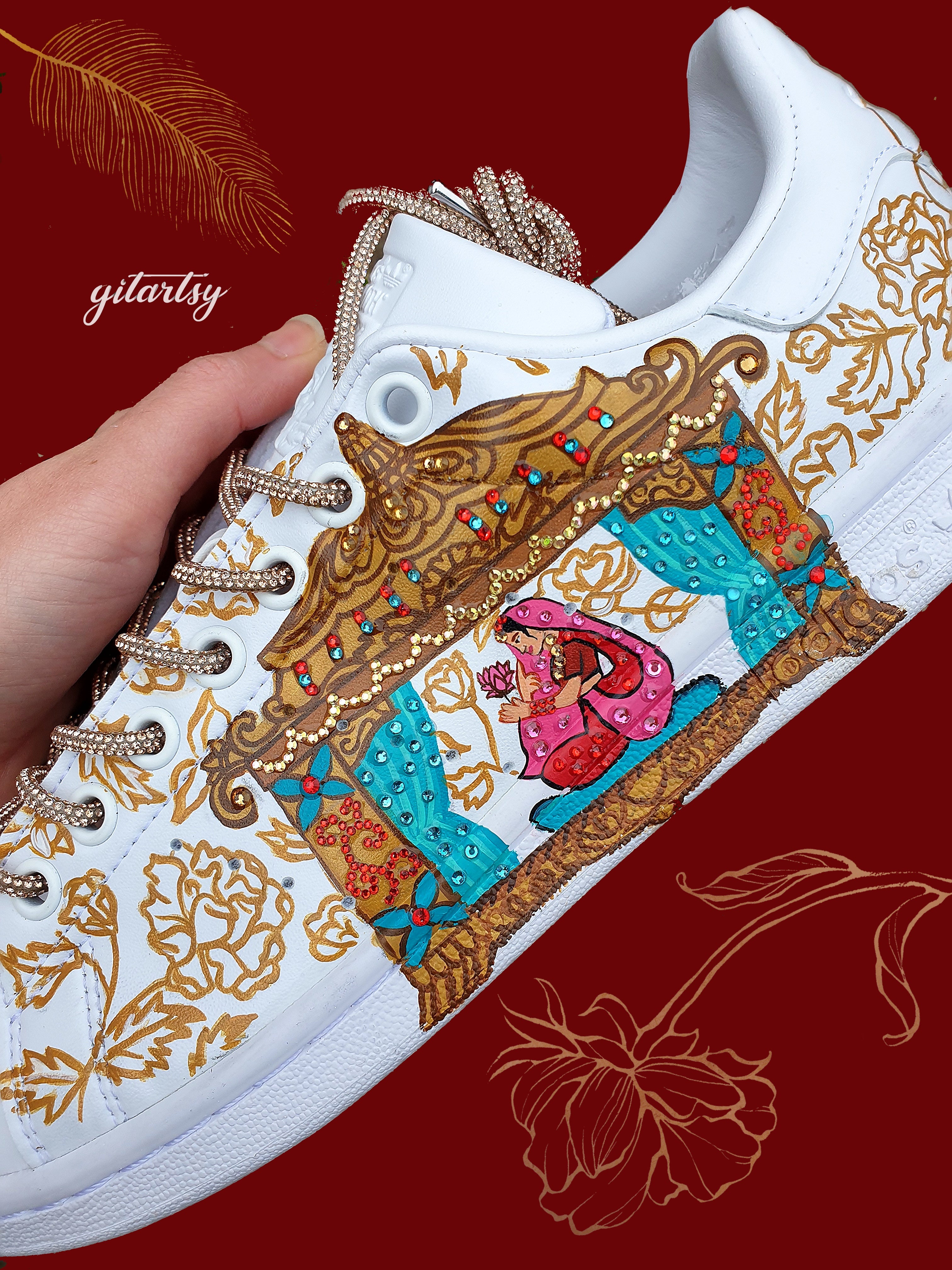 Indian Bridal Custom Hand-Painted adidas Sneakers – Bride in Doli Palki with Henna Patterns & Wedding Knot UK 8.5