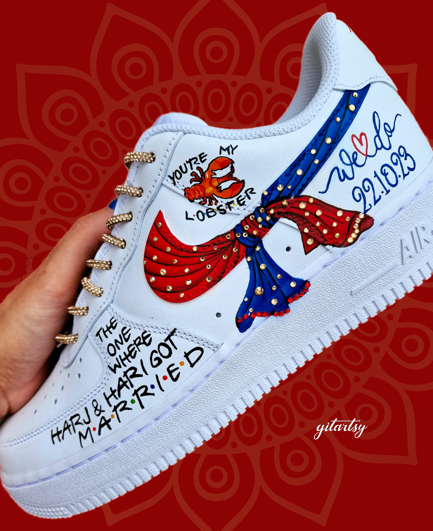 Indian bridal Nike AF1 sneakers hand painted with love story icons  - indian knot and crystals
