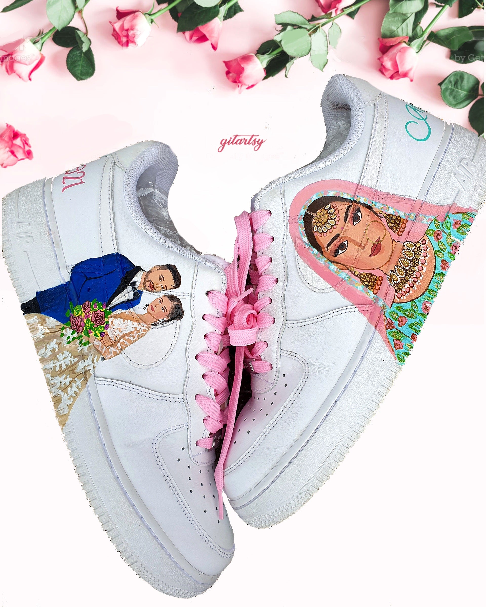 Custom hand-painted Nike AF1 sneakers featuring realistic Indian bride and groom portraits with floral accents and crystal embellishments
