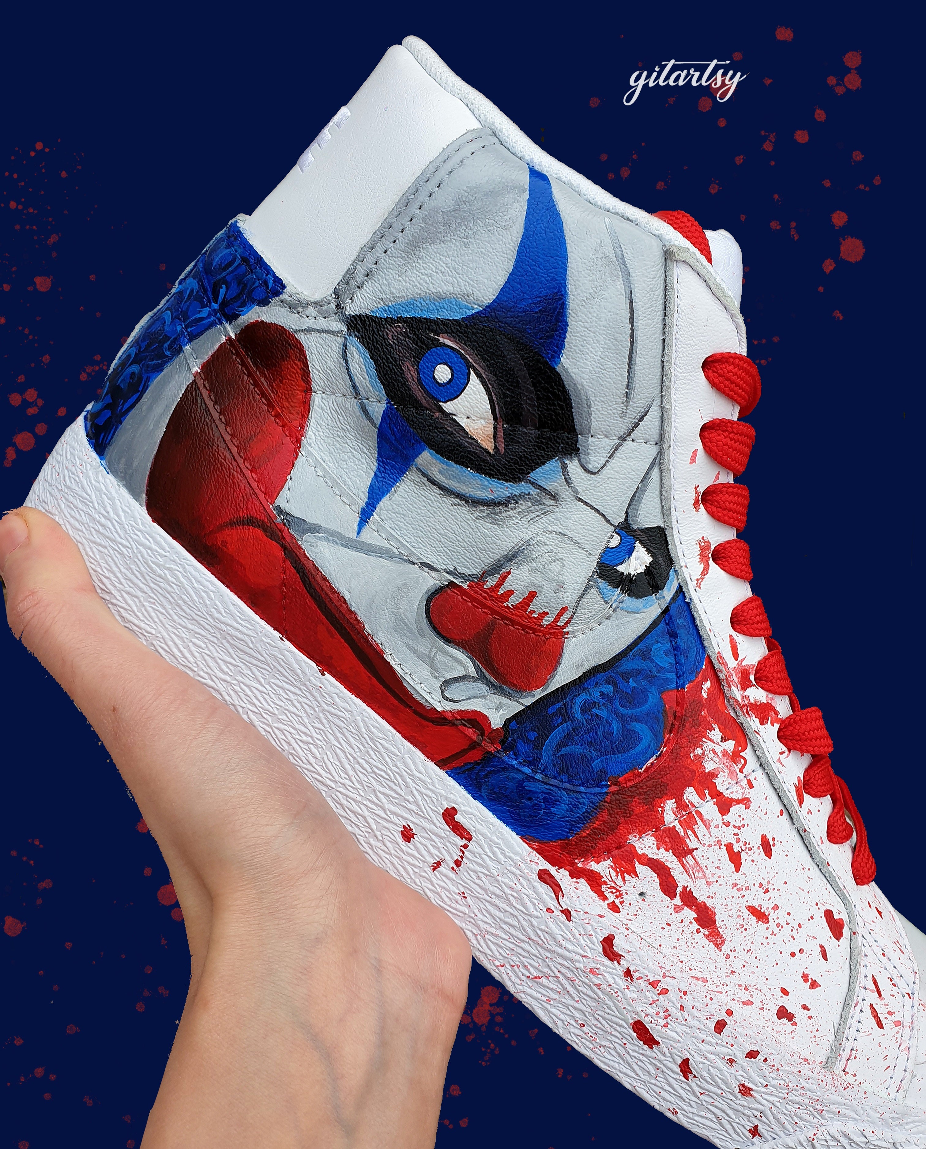 Custom Nike high-top sneakers with Joker-inspired Halloween faces