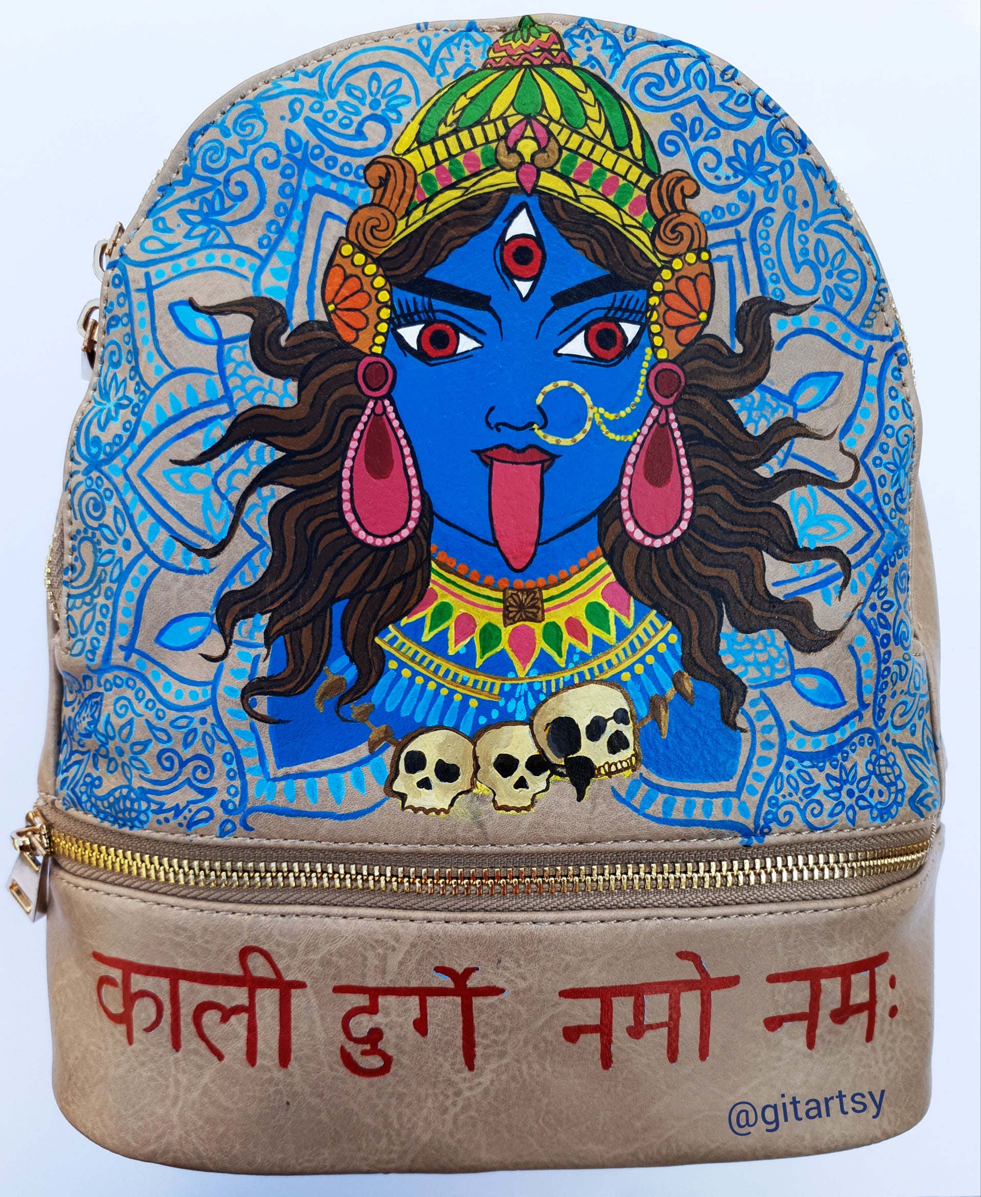 Backpack with detailed hand-painted Kaali Mata divine goddess design