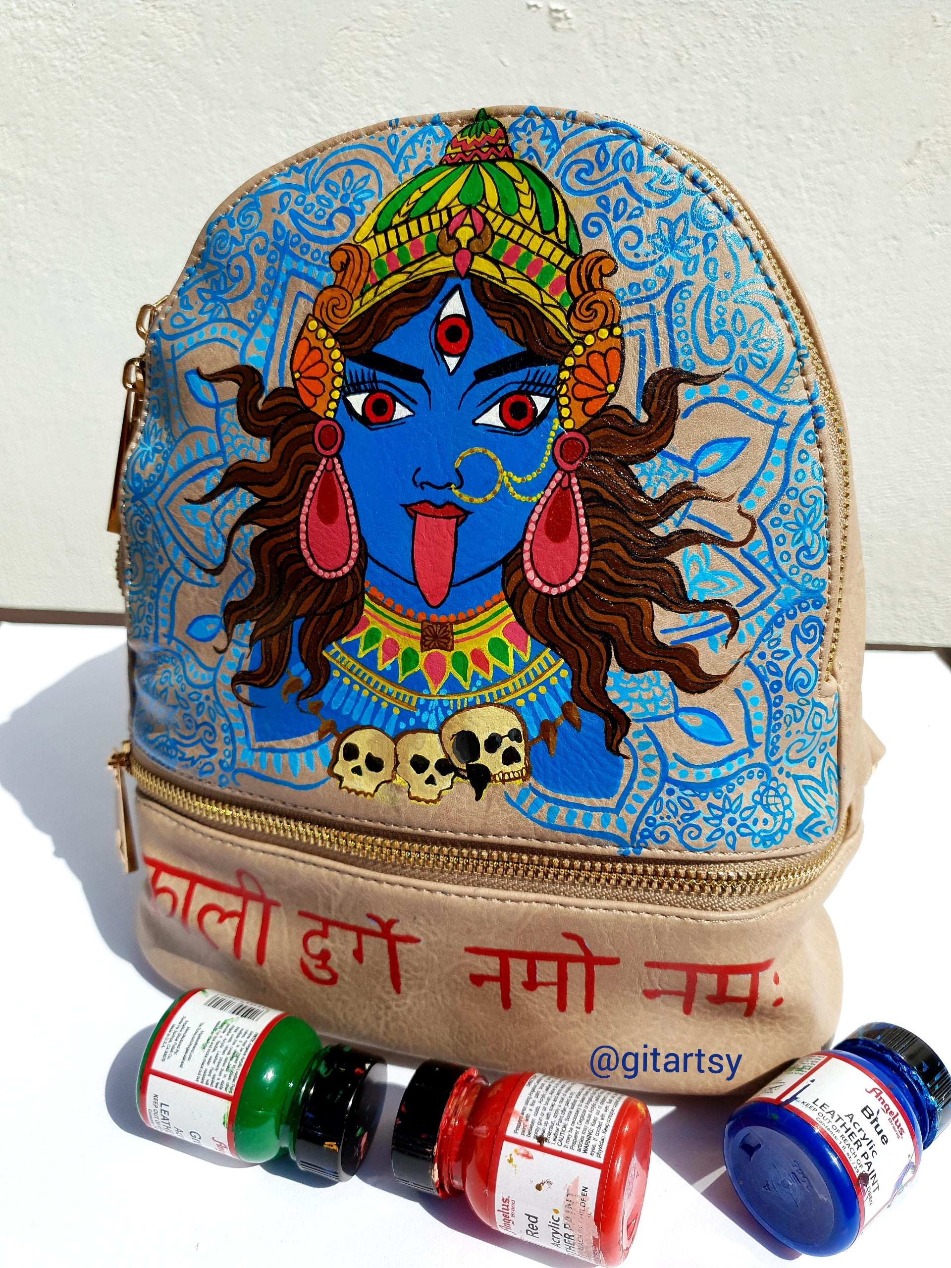 Unique custom backpack showcasing Kaali Mata powerful goddess art