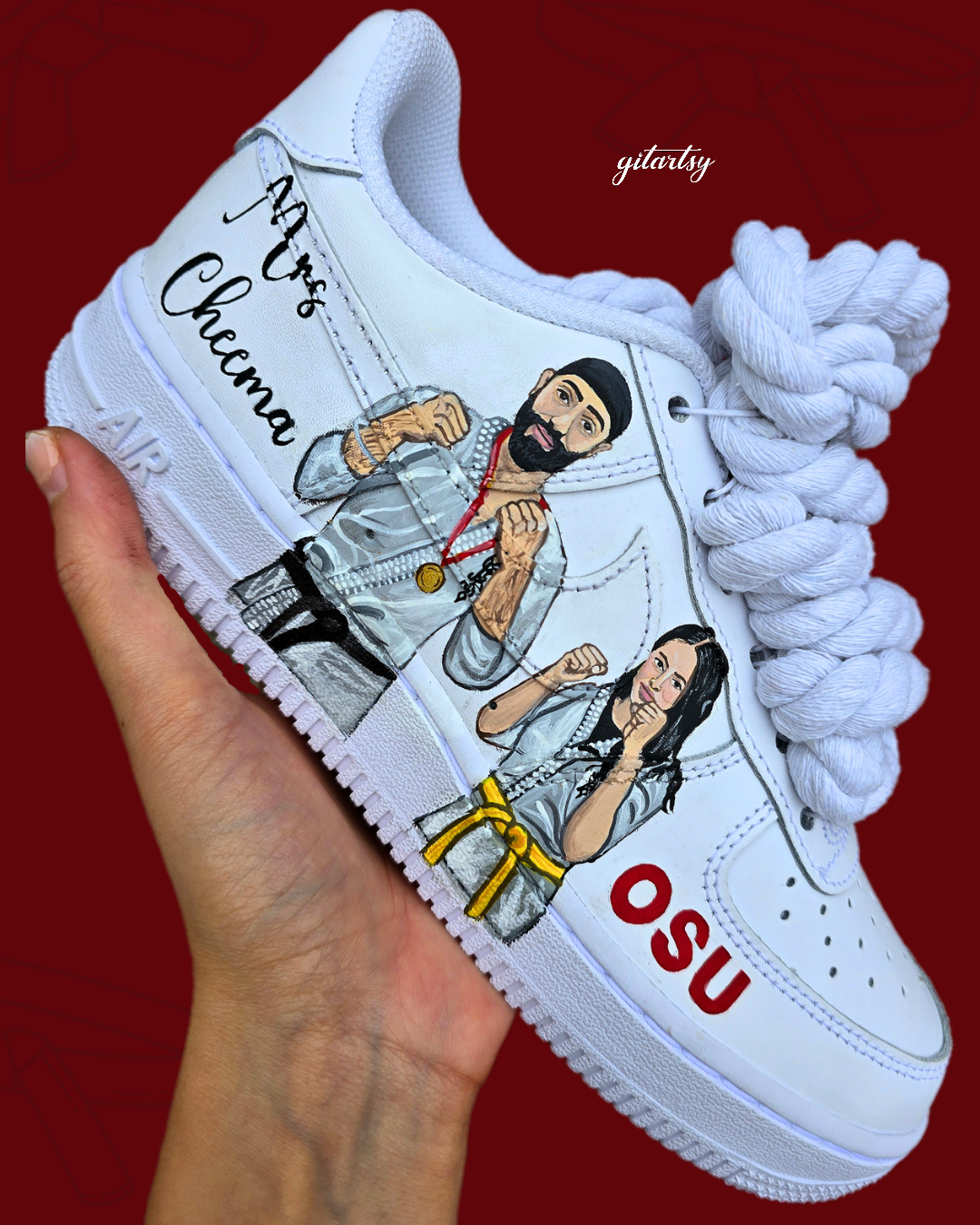 Wedding sneakers custom painted with karate couple artwork