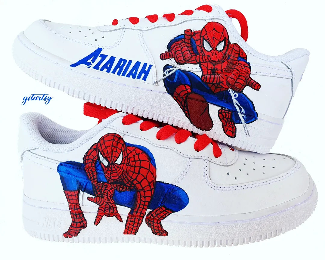 Custom hand-painted Spiderman kids Nike Air Force 1 sneakers with personalized name, vibrant superhero design, and red laces, painted by Gitartsy.