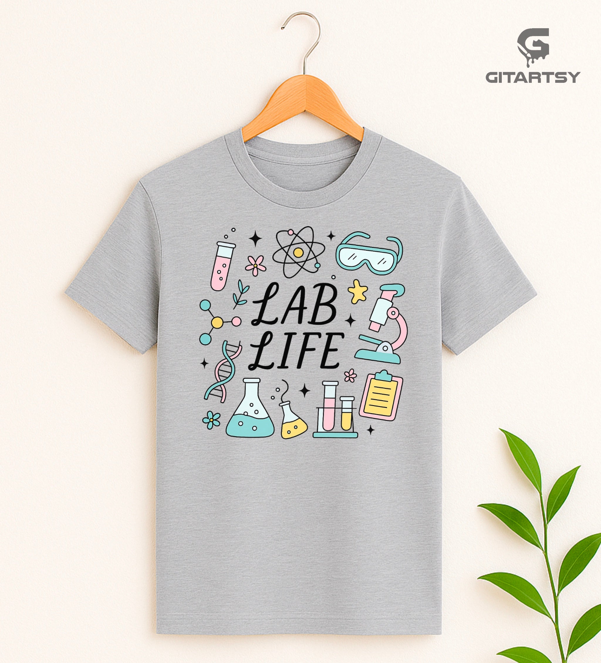 T-shirt with pastel science illustrations and the phrase “Lab Life” – perfect for scientists, lab techs, and research lovers.