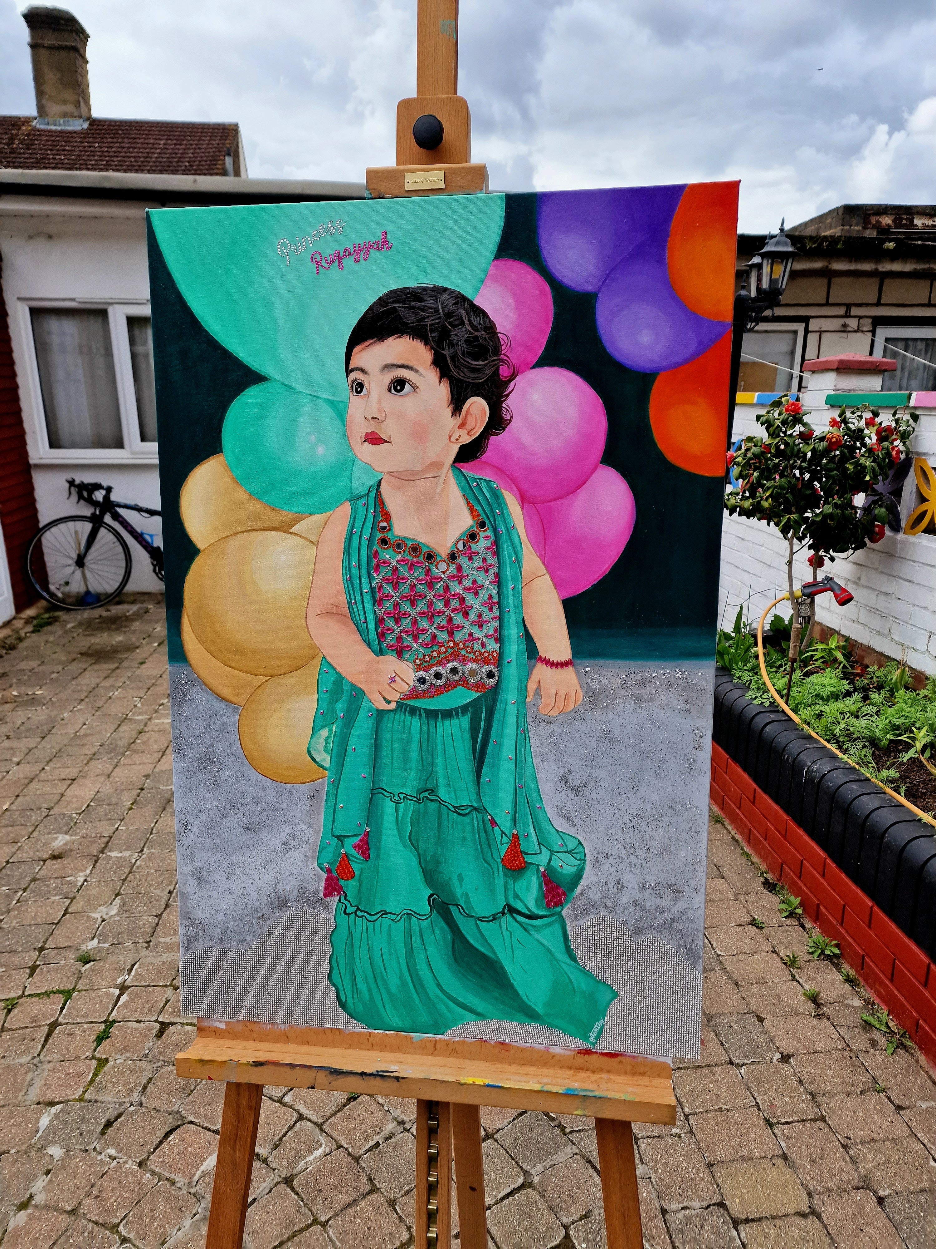 A large custom canvas portrait of a single person, hand-painted in a realistic art style with intricate details. The artwork features vibrant colors, expressive features, and is adorned with hand-applied sparkling crystals. Ideal for celebrations, home decor, or gifts, this canvas combines traditional art with glamorous embellishments. Painted on high-quality artist-grade canvas with a personalized background and outfit, creating a unique, shimmering visual centerpiece.