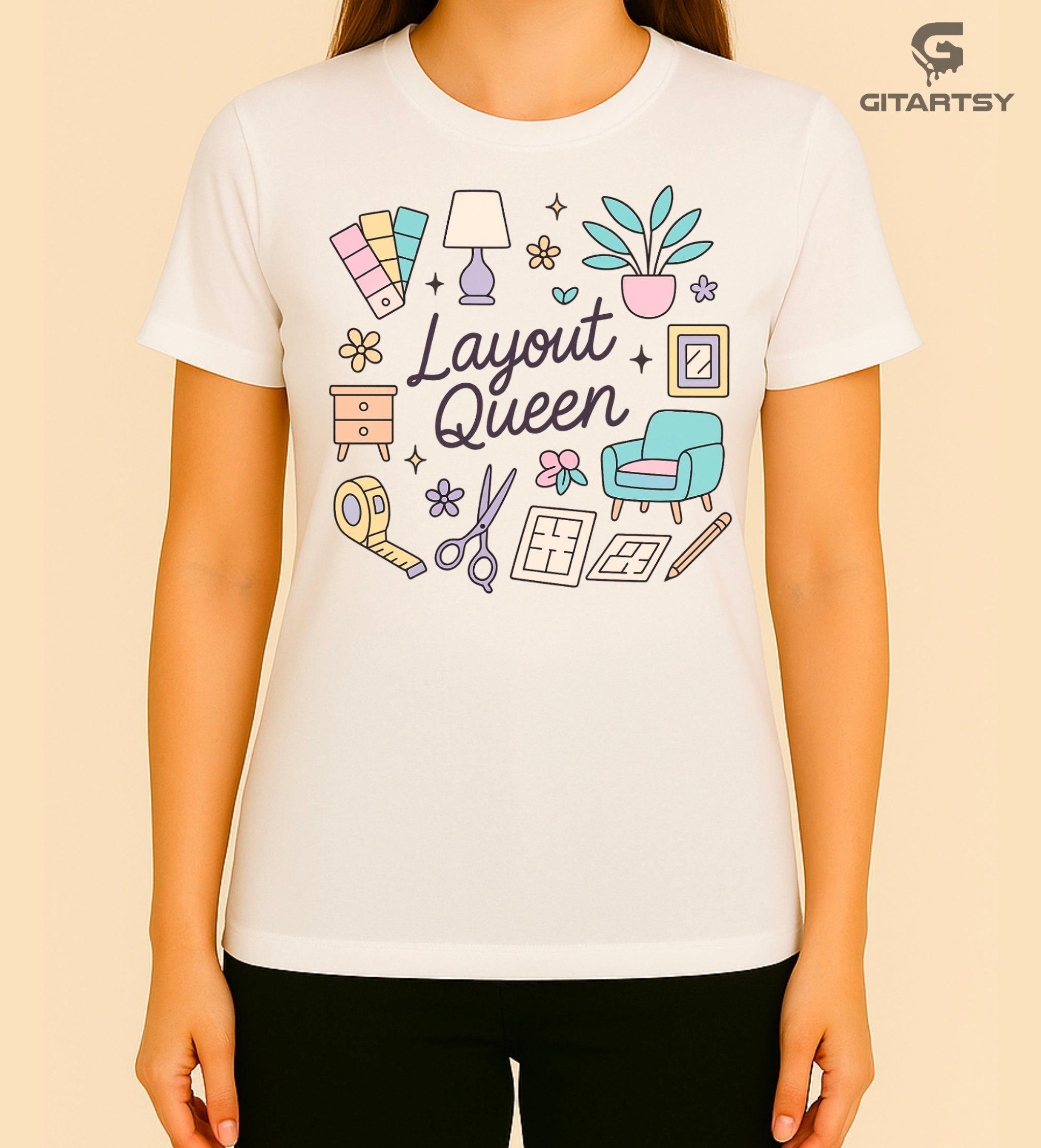T-shirt featuring the quote "Layout Queen" with pastel icons of interior design elements such as a lamp, swatches, plants, layout plans and furniture – ideal for interior designers and home stylists.