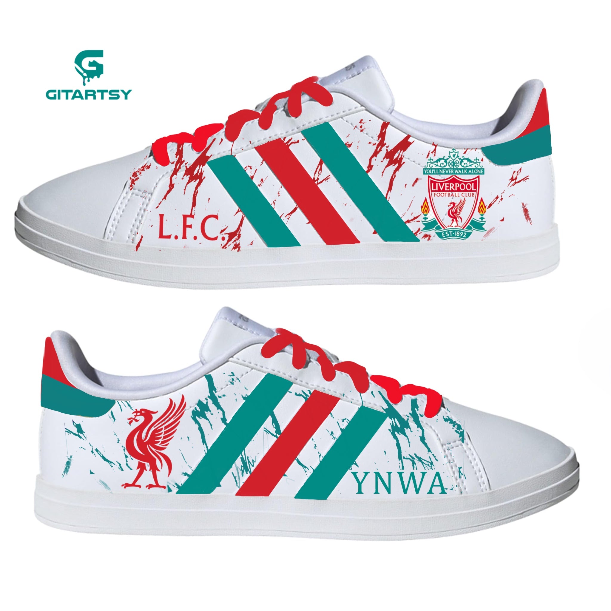 Liverpool FC football custom hand-painted Adidas sneakers. White pair of sneakers with LFC design - logo, lovebird and teal green and red colour scheme