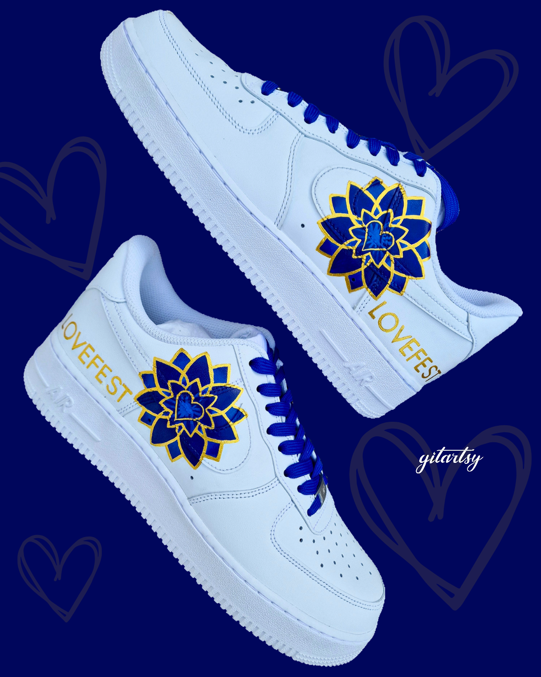Lovefest Sunny Sekhon - Nike AF1 sneakers - hand painted custom sneakers for businesses and brands - unique branding shoes - blue and gold