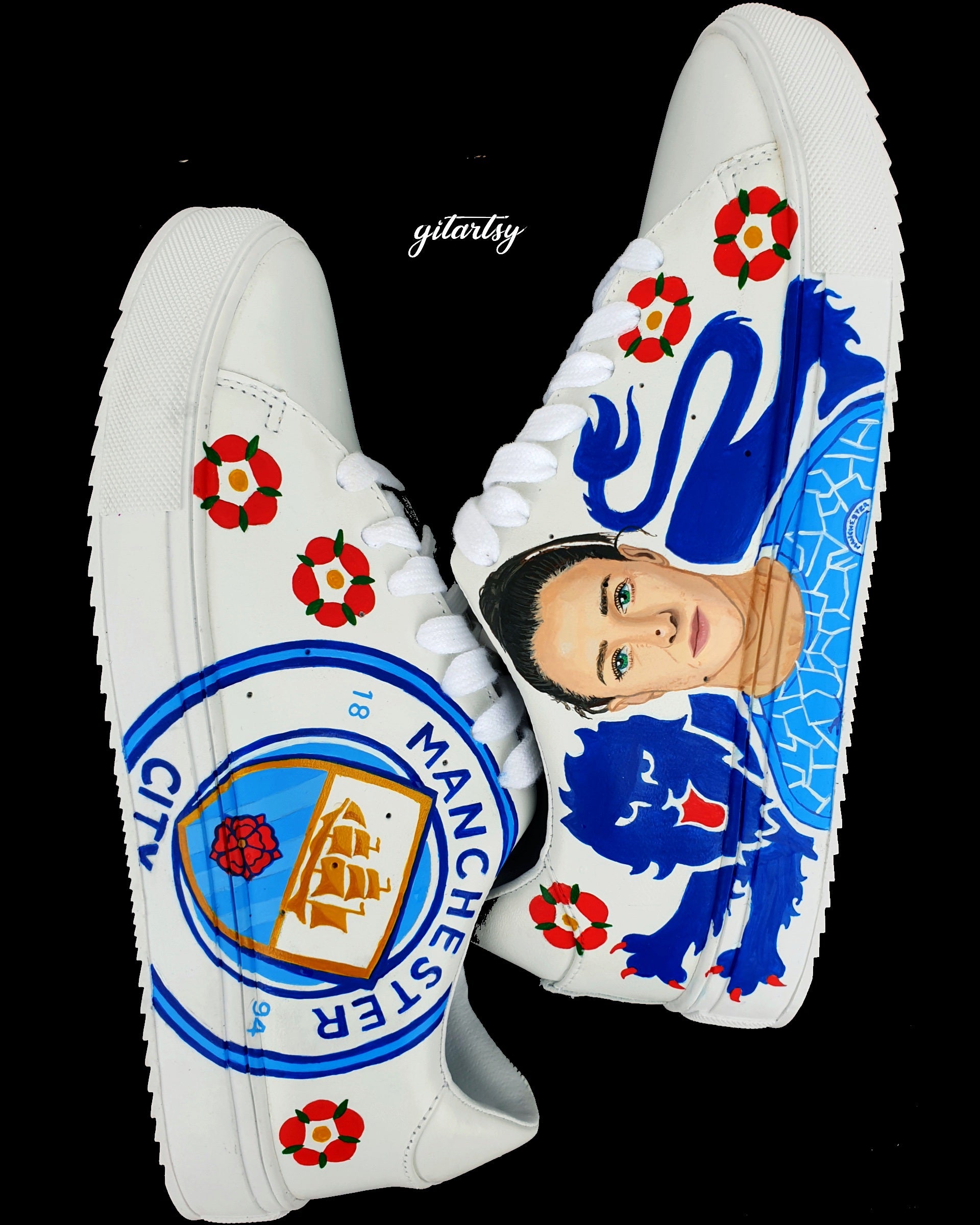 Custom Lucy Bronze Manchester City Hand-Painted Sneakers featuring a realistic portrait of Lucy Bronze, blue club lion emblem, red English rose details, and the iconic Manchester City logo, painted on premium white leather shoes – a unique gift for football fans.