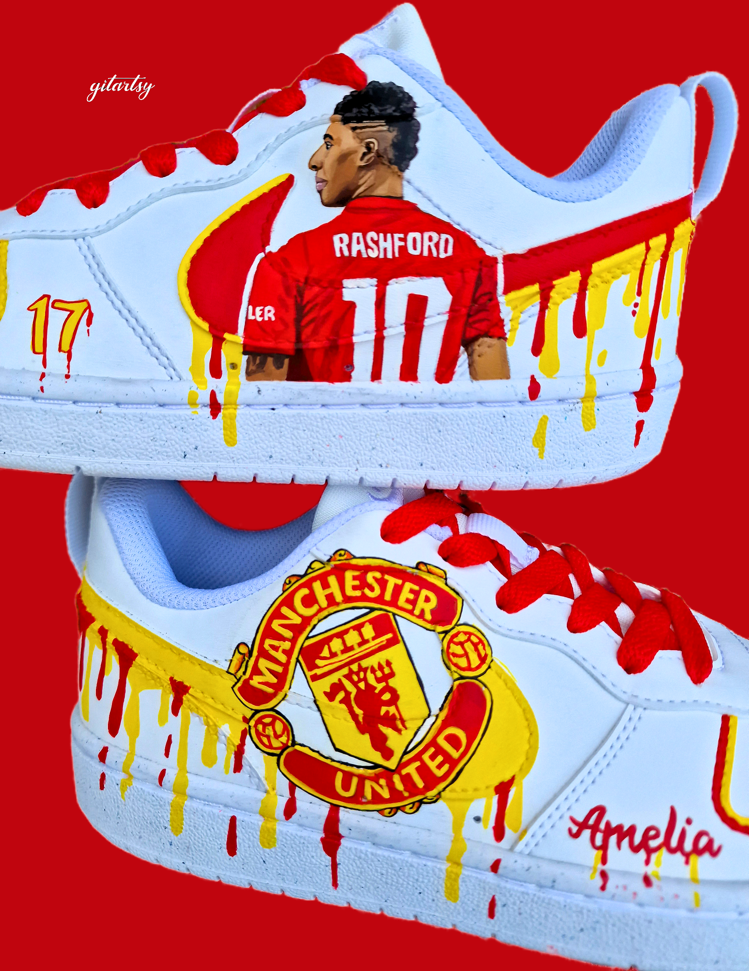 Hand painted Nike AF1 sneakers with Manchester United football team logo with paint drips and a realistic portrait of footballer Marcus Rashford
