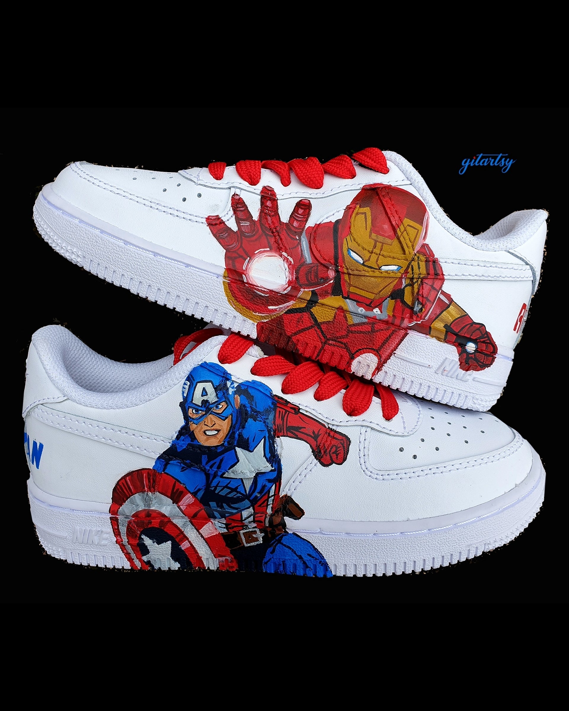 Custom kids Nike Air Force 1 shoes featuring hand-painted Marvel superheroes Iron Man and Captain America, detailed with vibrant red, blue, and gold comic-style illustrations, red laces, and a matching swoosh—perfect for young Marvel fans seeking unique, wearable art.