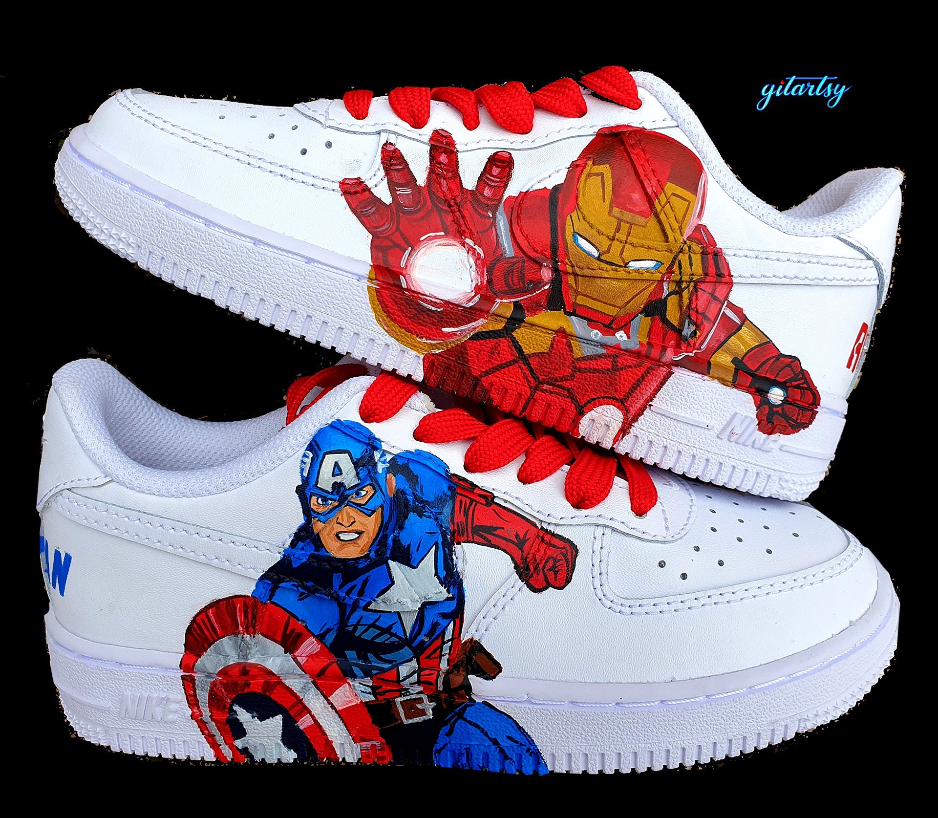 Custom kids Nike Air Force 1 shoes featuring hand-painted Marvel superheroes Iron Man and Captain America, detailed with vibrant red, blue, and gold comic-style illustrations, red laces, and a matching swoosh—perfect for young Marvel fans seeking unique, wearable art.