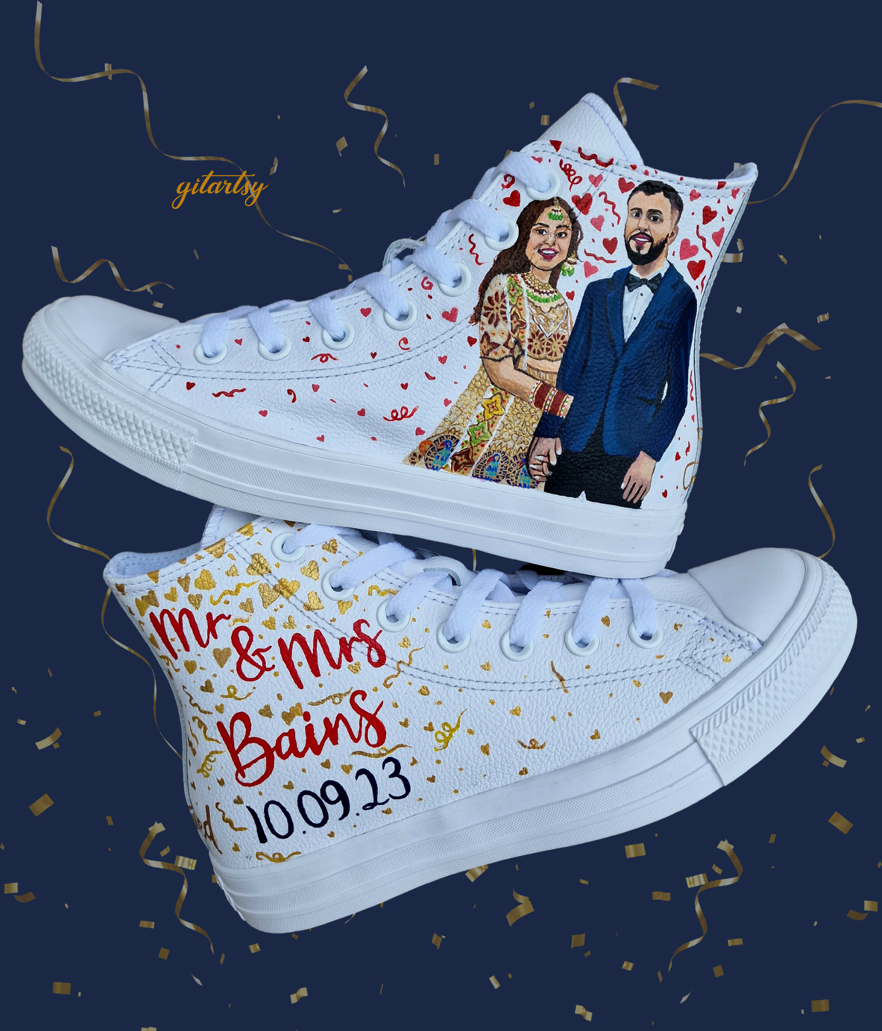 Custom Converse sneakers with realistic bride and groom portraits