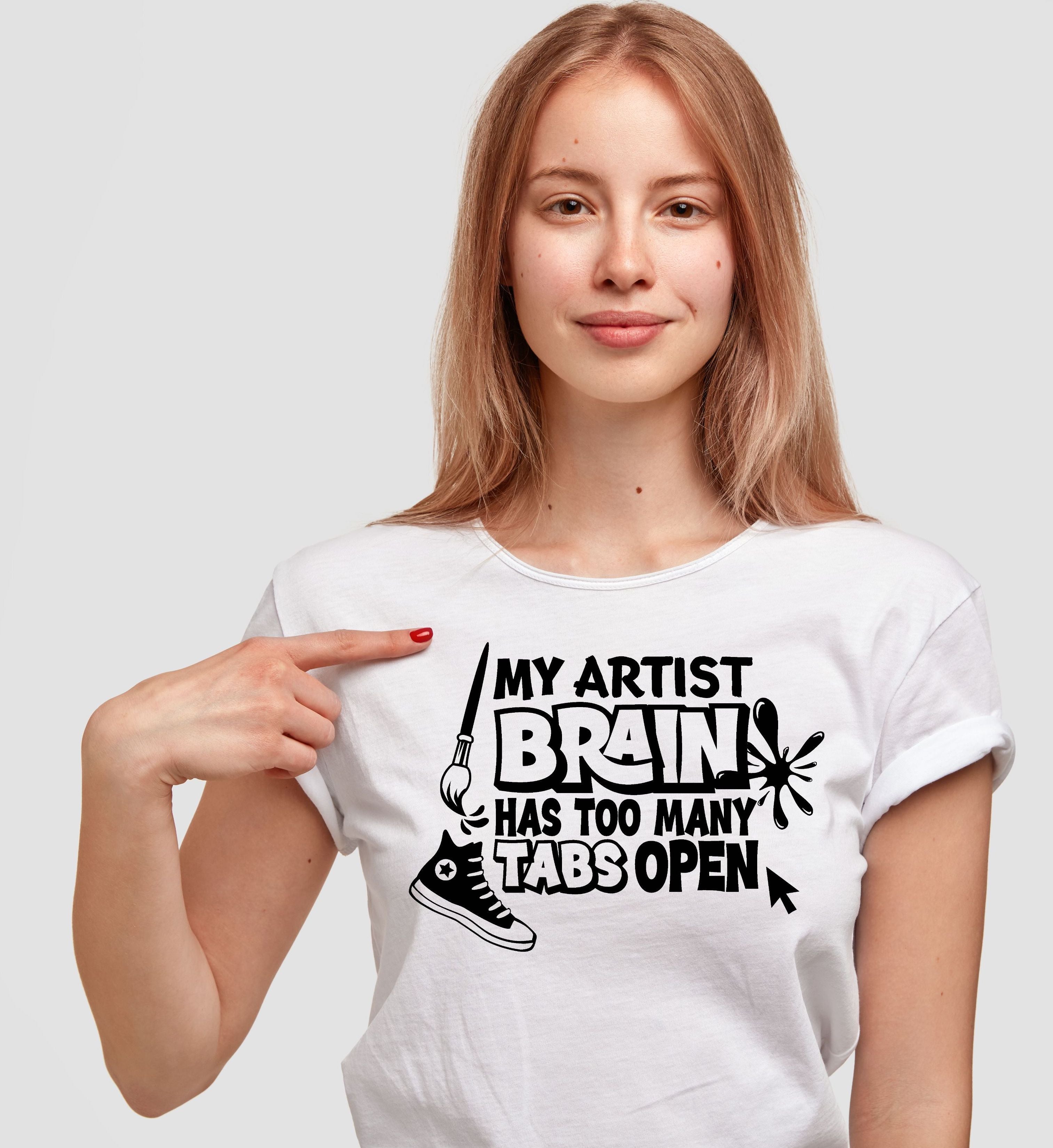 Fun artist tshirt featuring "Too Many Tabs Open" slogan