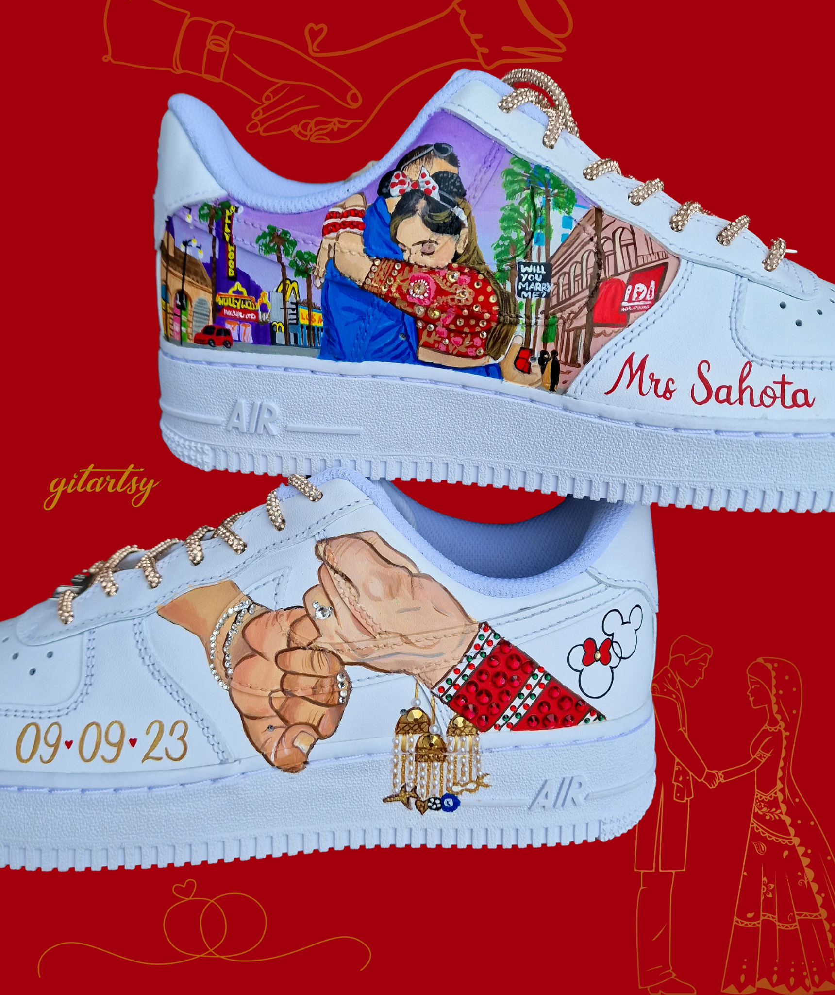 Custom hand painted Nike AF1s - indian bridal theme with bride groom in lehenga - New york proposal love story art sneakers