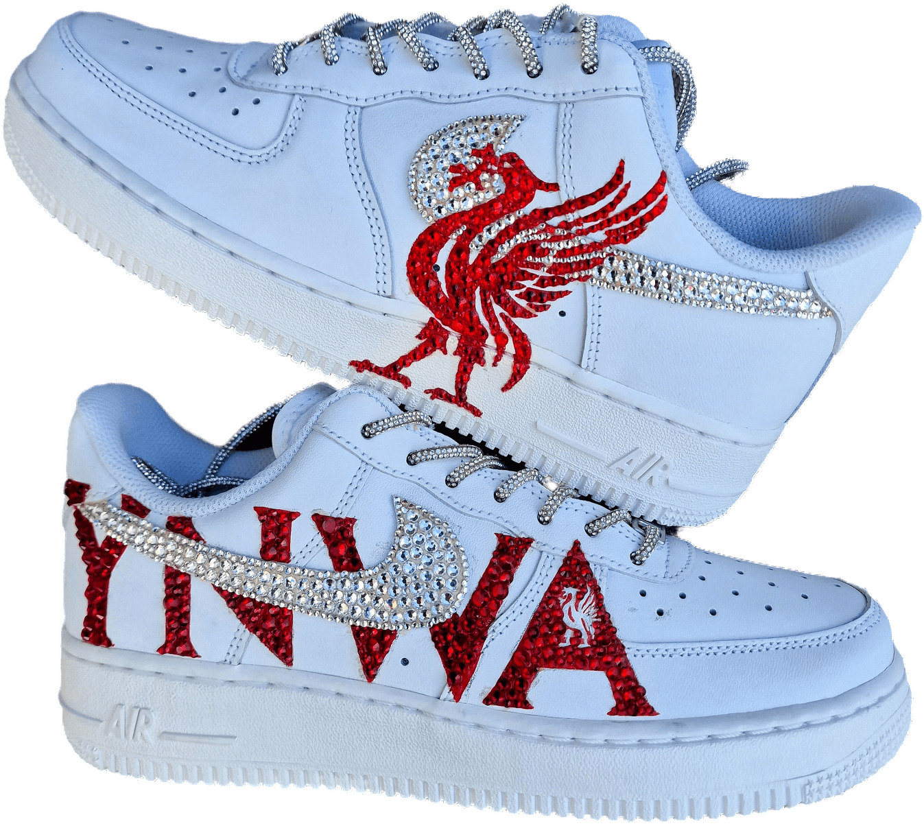 Nike AF1 sneakers decorated with Liverpool FC Liverbird and YNWA crystals