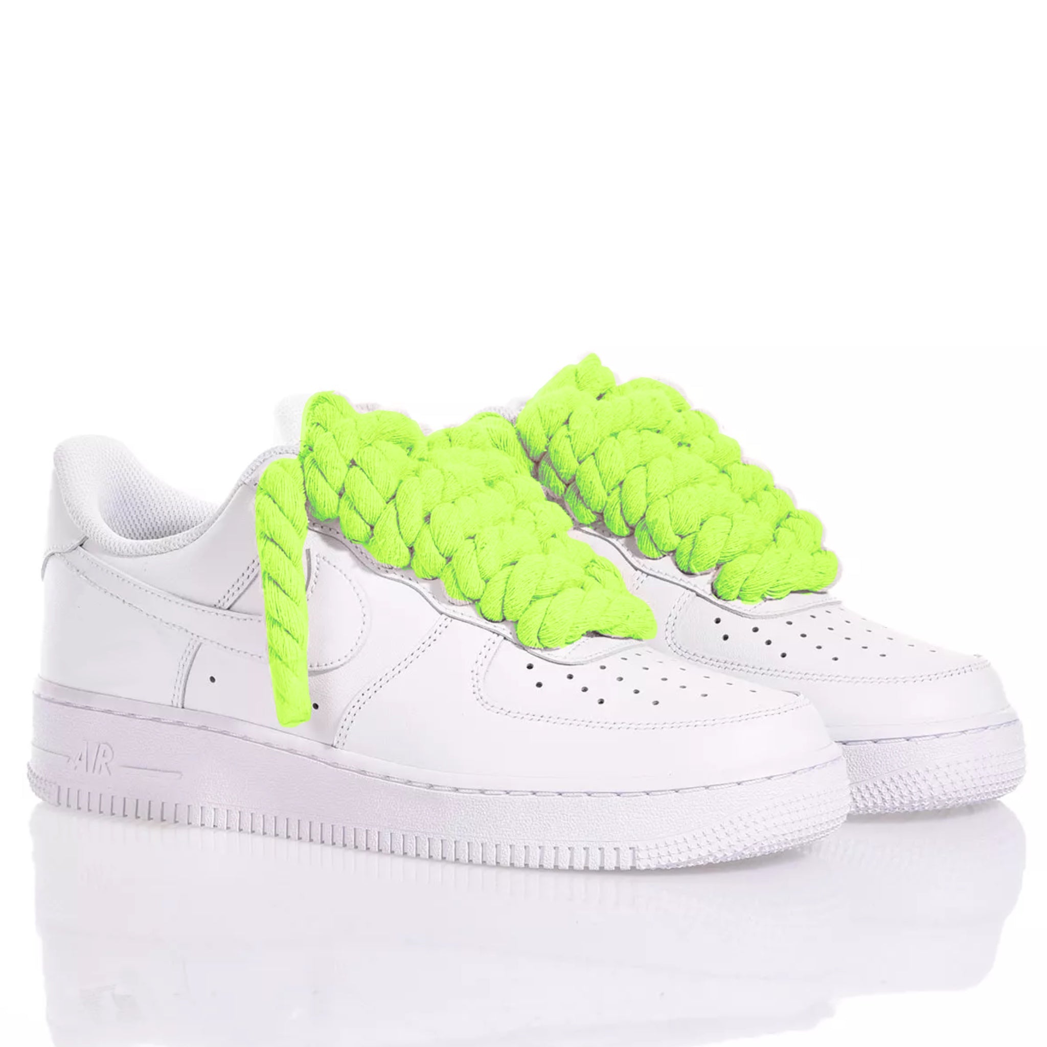 Nike AF1 with Thick Rope Laces – Custom Drilled Design. Neon Green 10 mm rope laces inserted in classic white Nike AF1 sneakers